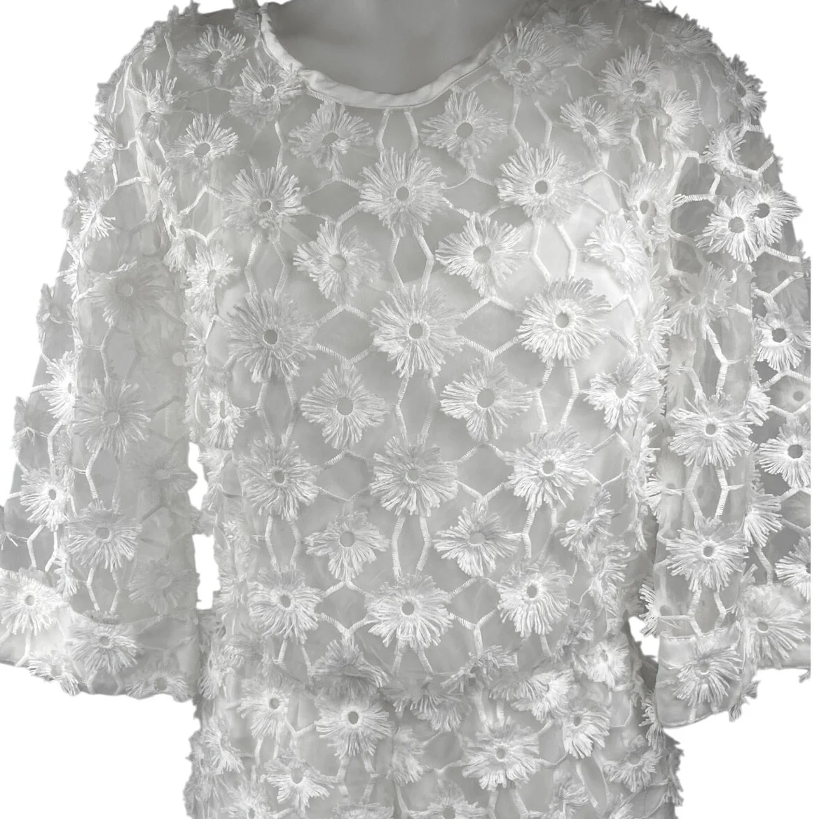 H&M White 3D Floral 3/4 Sleeve Embroidered Mesh Bridal Romper Shorts Size 2 - Image 3