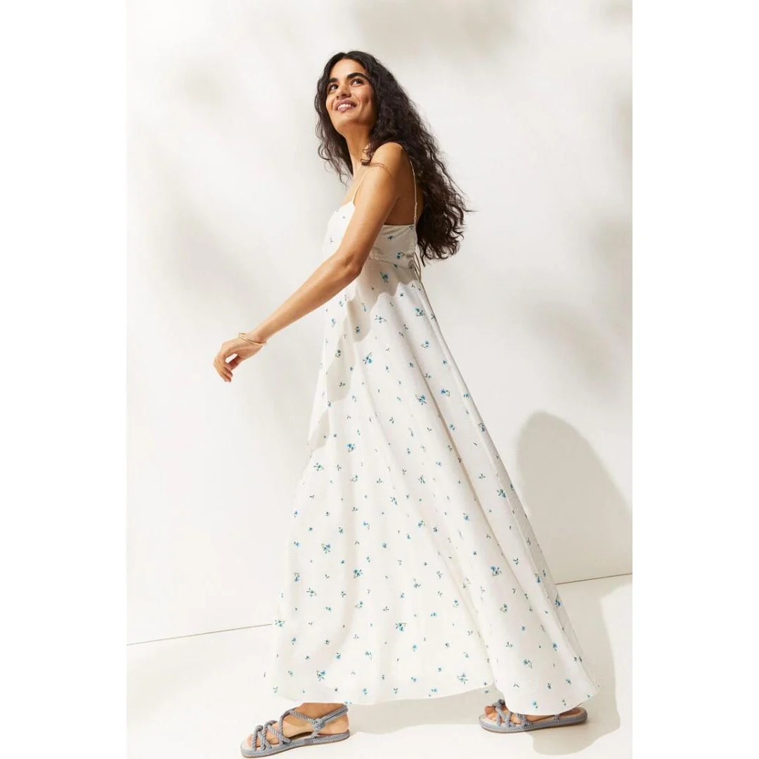 H&M White Blue Floral Sleeveless Cami Camisole A Line Tank Maxi Dress Size S - Image 3