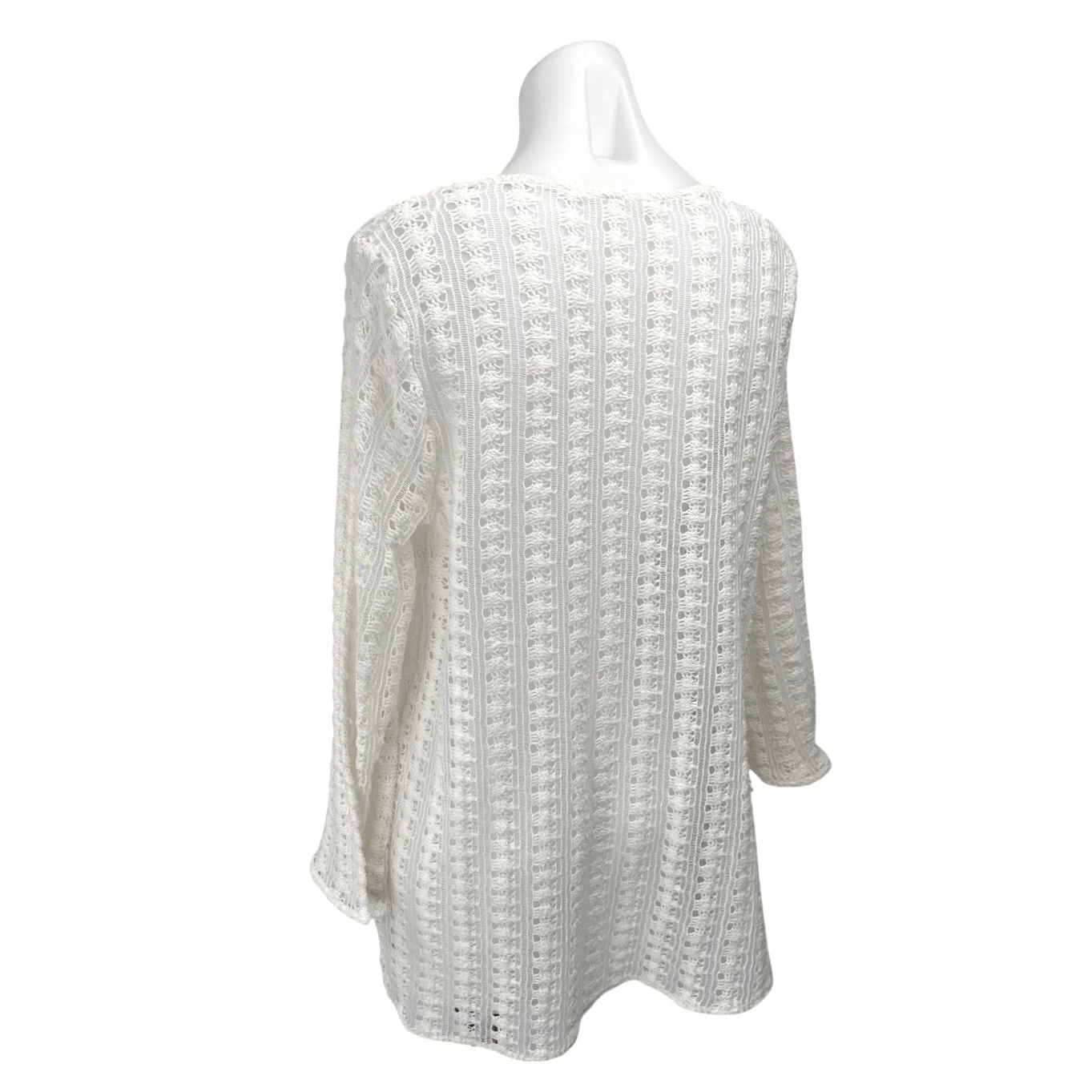 H&M White Crochet Knit Deep V Tie Long Sleeve Beach Cover Up Mini Dress Size M - Image 2