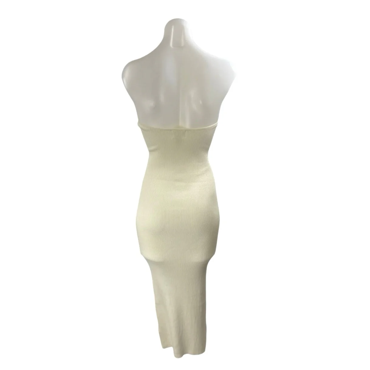 H&M Women Cream Ribbed Strapless Tube Bandeau Maxi Bodycon Pencil Sheath Dress S - Image 3