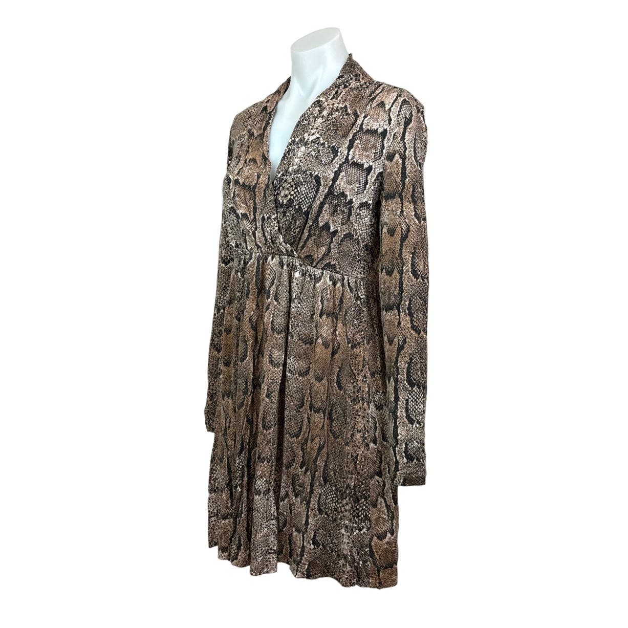 H&M Women’s Brown Snake Print Faux Wrap Knee Length Long Sleeve Dress Size M - Image 2