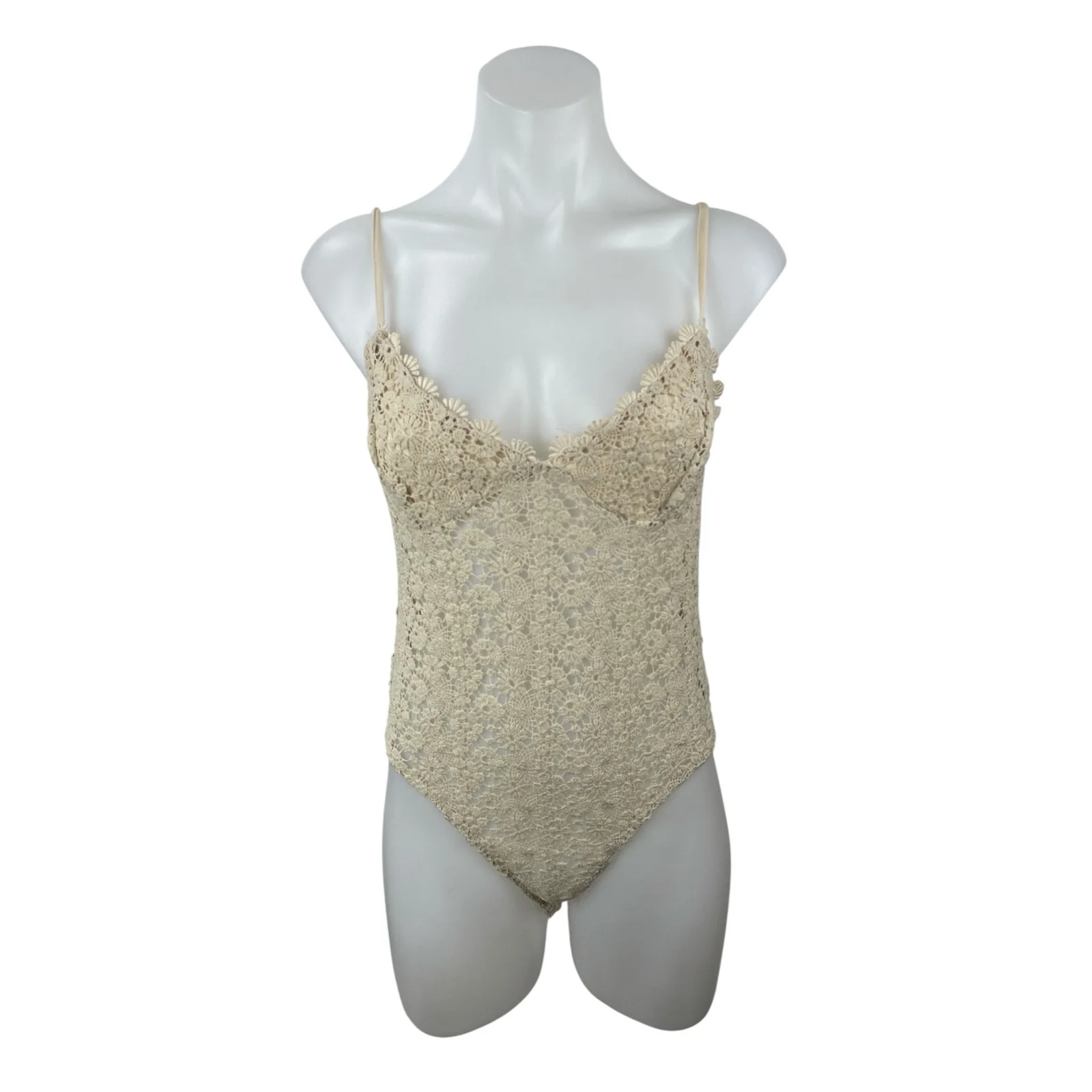 H&M Women's Beige Floral Lace Eyelet Crochet Sleeveless Camisole Tank Bodysuit M