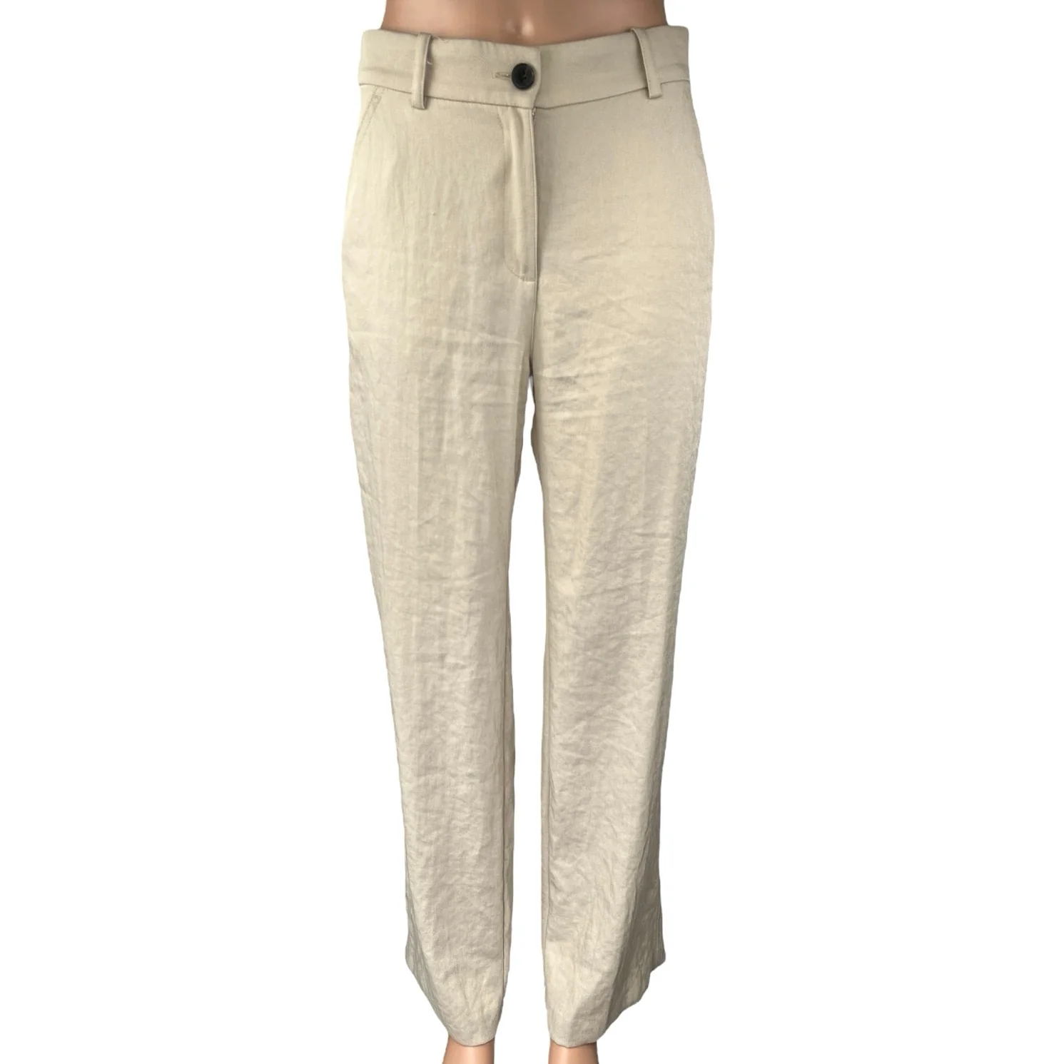 H&M Women's Beige High Waisted Loose Fit Straight Trouser Dress Pants Size 4