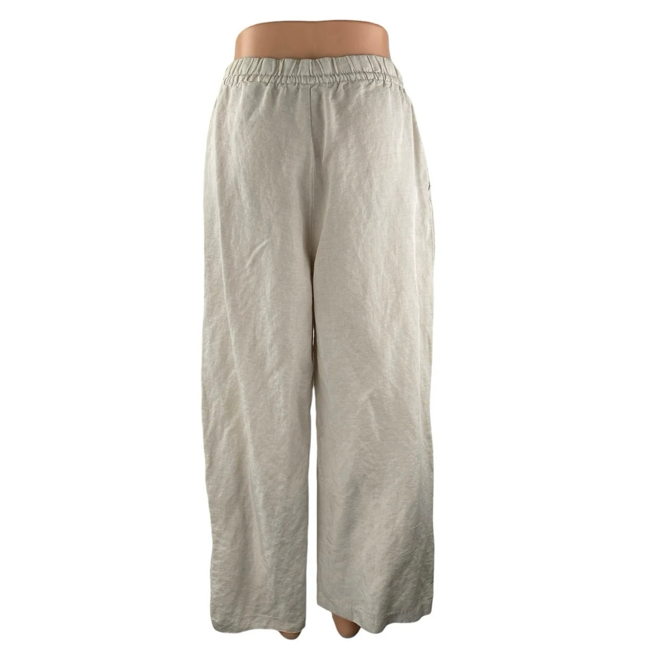 H&M Women's Beige Linen High Waisted Wide Leg Baggy Crop Lounge Trousers Pants M - Image 3