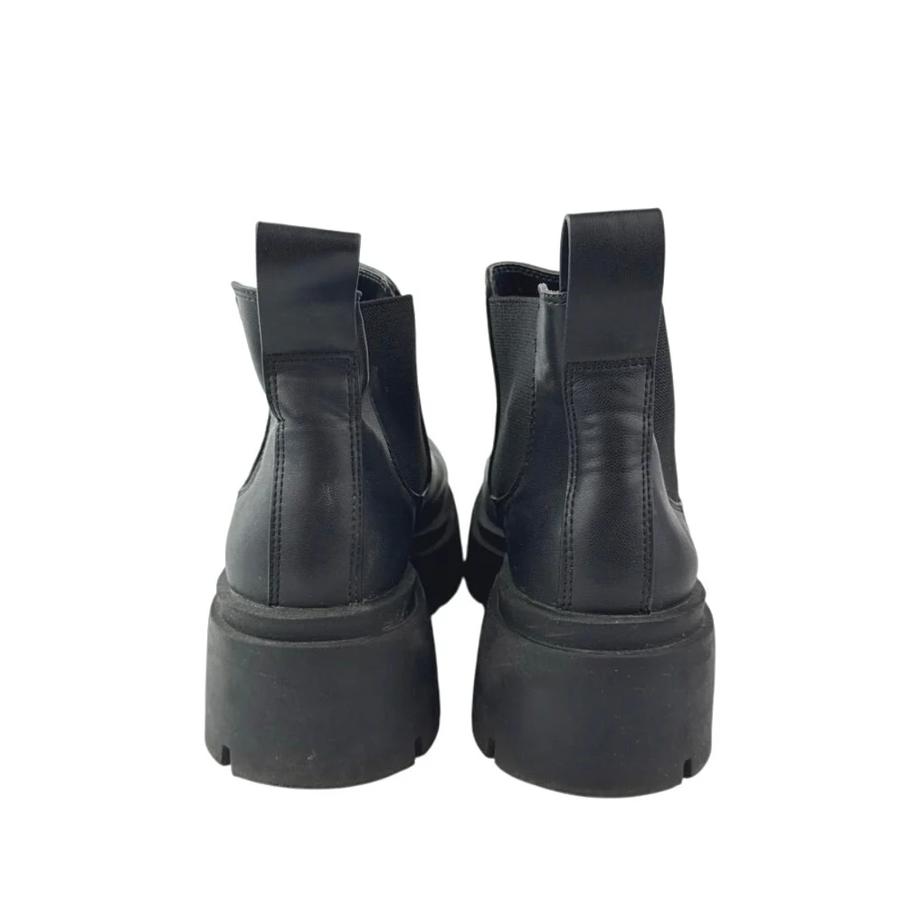 H&M Women's Black Leather Round Toe Lug Sole Slip On Platform Ankle Boots 9-9.5 - Image 3