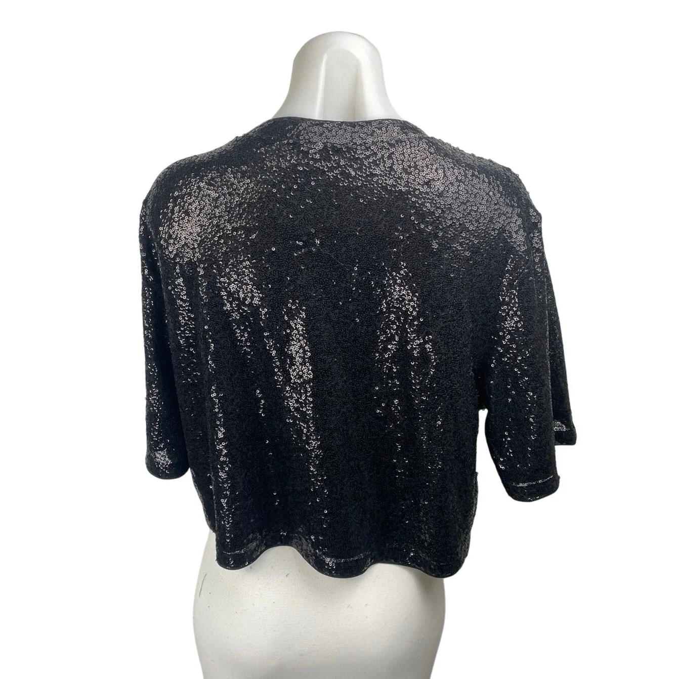 H&M Women's Black Sequin Embellished Crewneck Short Sleeve Crop Blouse Top Sz L - Image 2