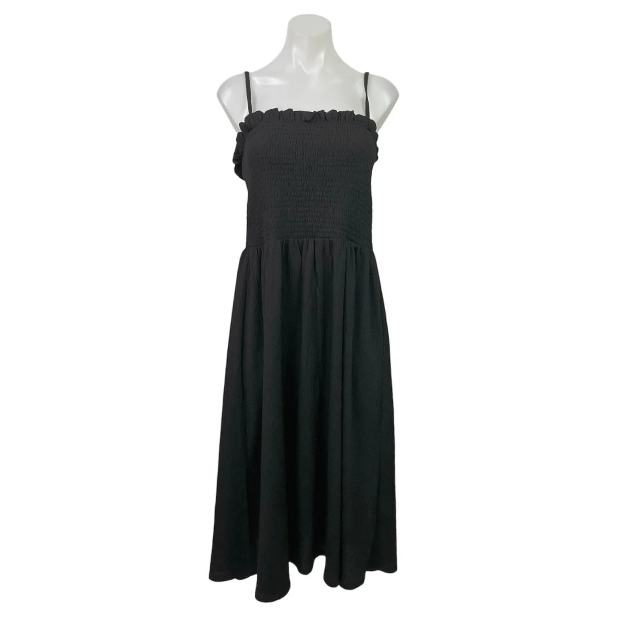 H&M Womens Black Smocked Sleeveless Midi Cami Camisole Tank Flare A-Line Dress L