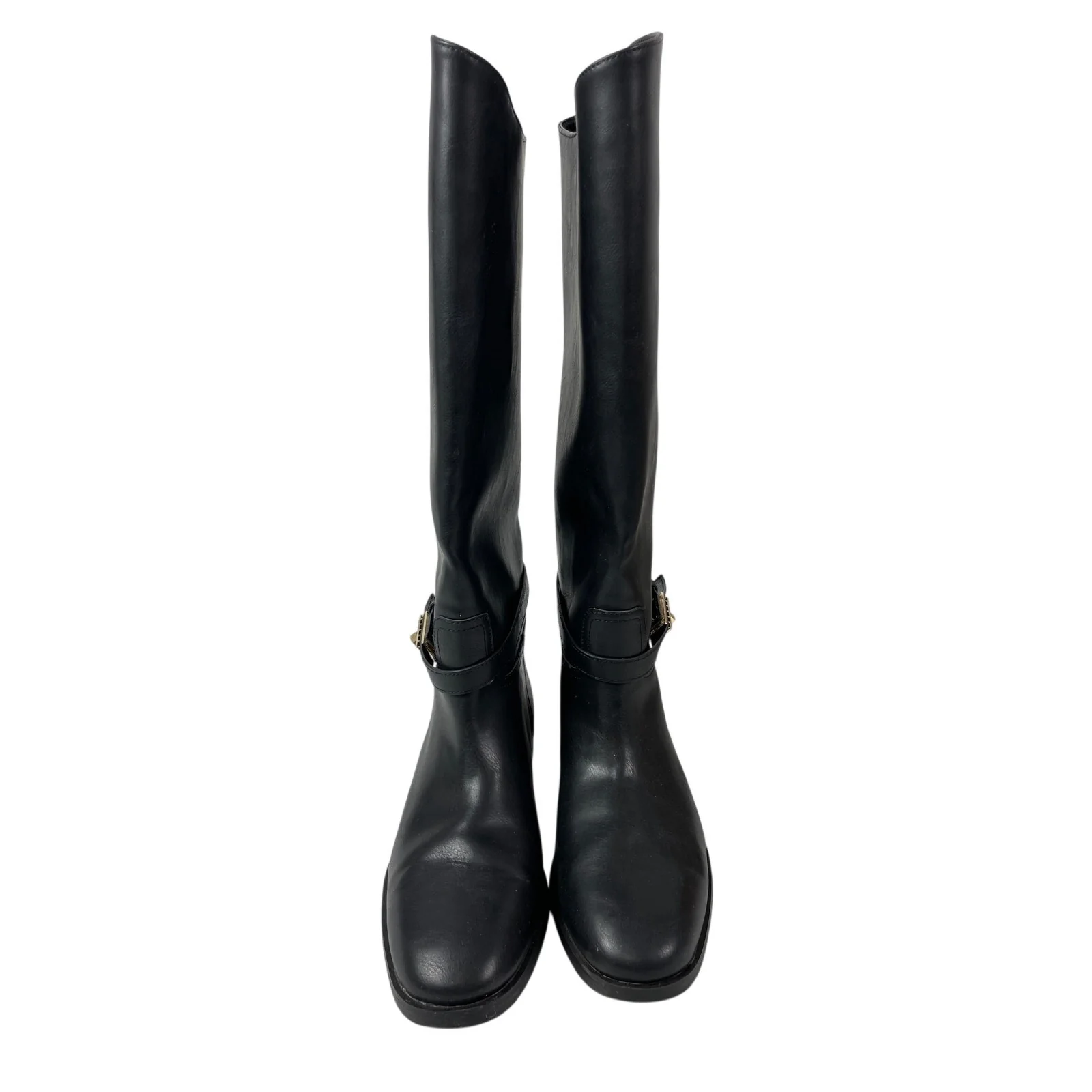H&M Women's Black Strap Round Toe Low Block Heels Knee High Riding Boots 38 US 7 - Image 2