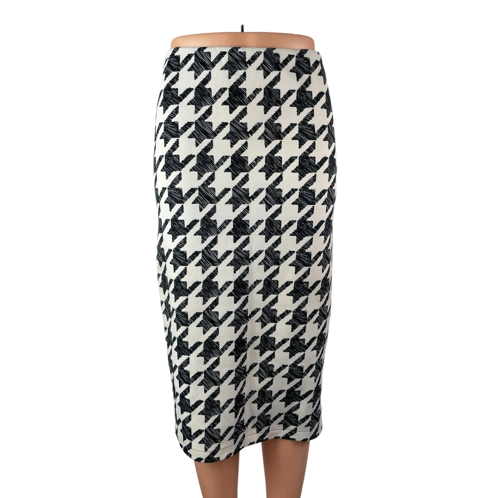 H&M Women's Black White Houndstooth Check High Waist Pencil Midi Skirt Size S