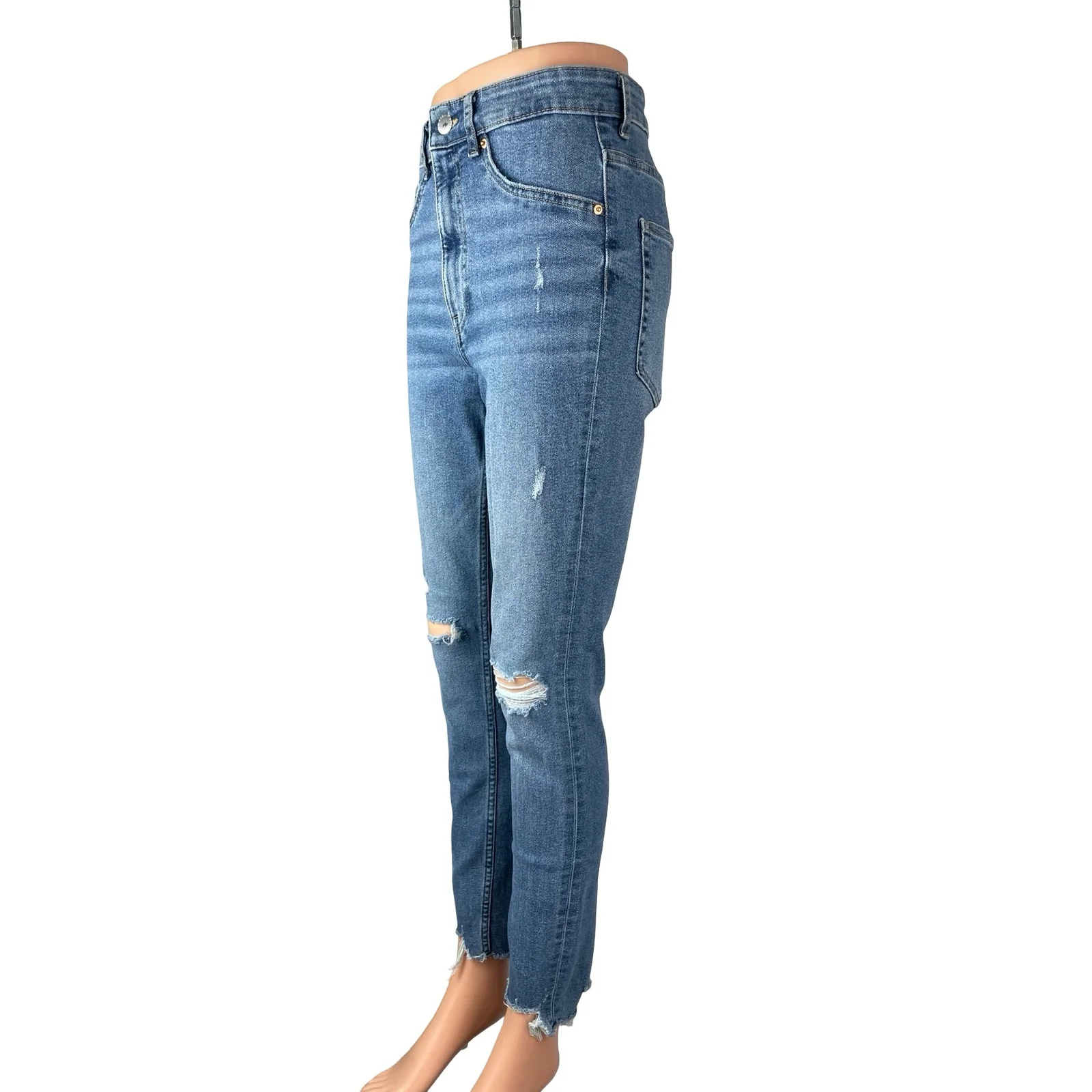 H&M Women's Blue Distressed High Waisted Medium Wash Skinny Denim Jeans Size 8 - Image 2