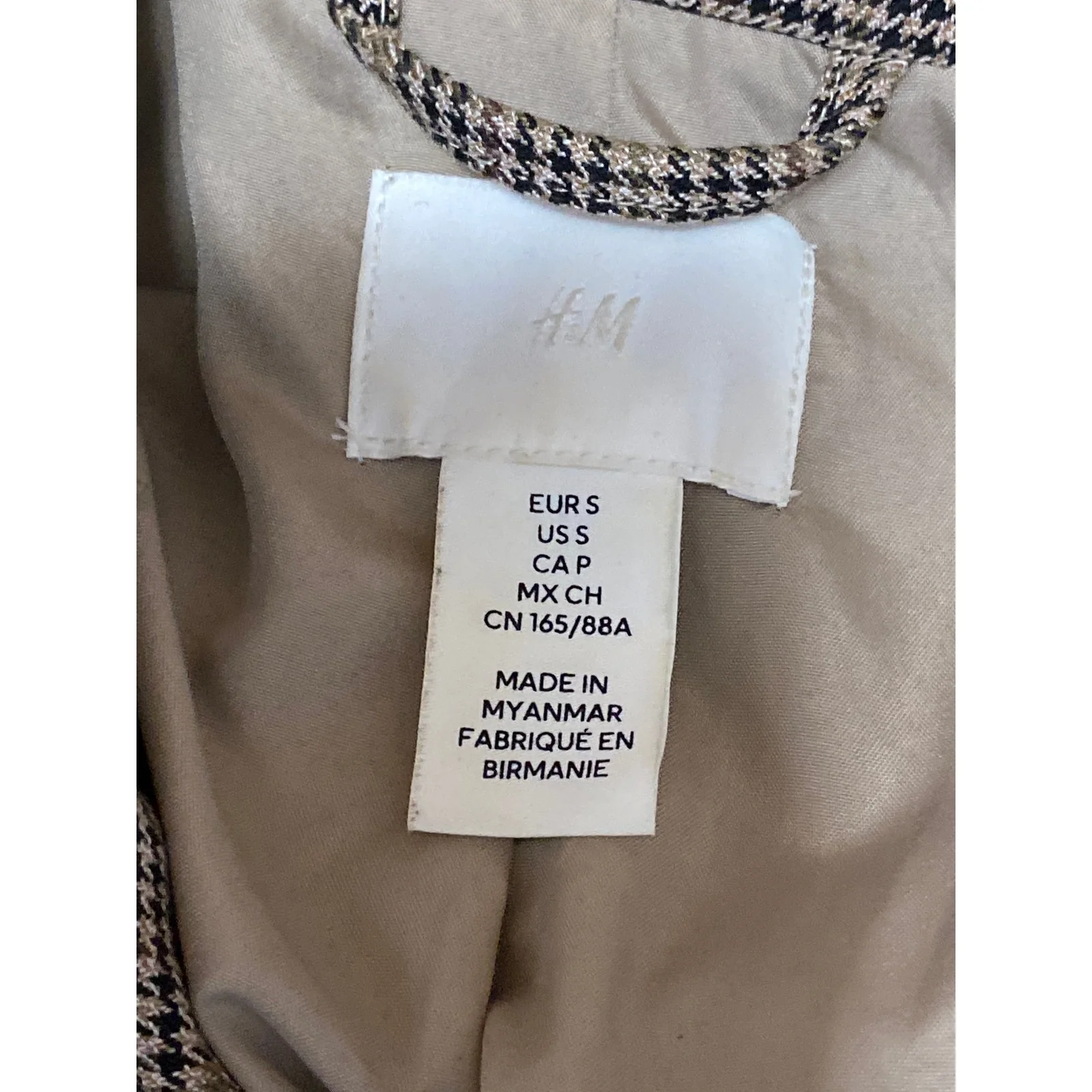 H&M Women's Brown Plaid Long Sleeve Double Breasted Blazer Coat Jacket Size S - Image 5