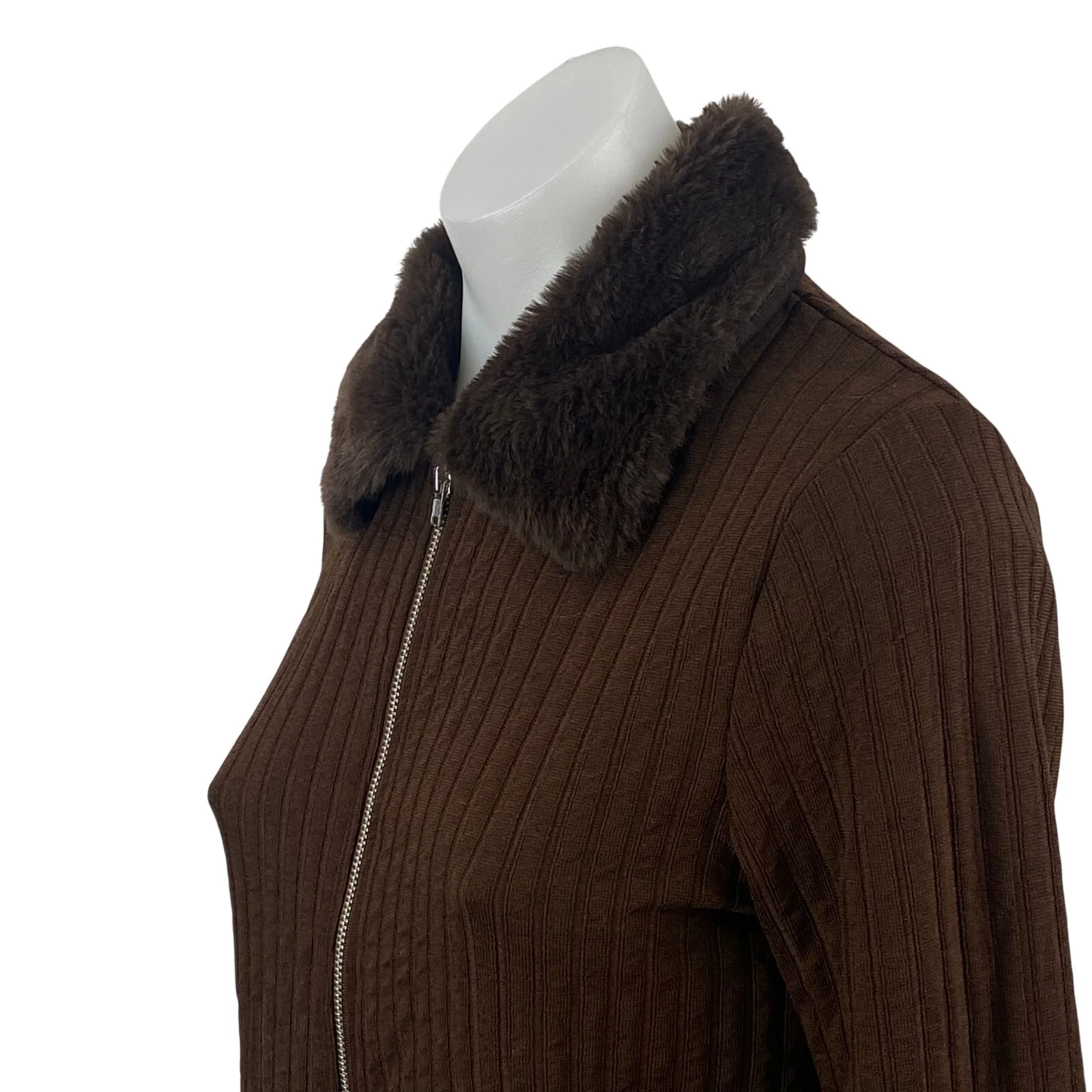 H&M Women's Brown Ribbed Knit Faux Fur Full Zip Cardigan Sweater Top Size M - Image 2