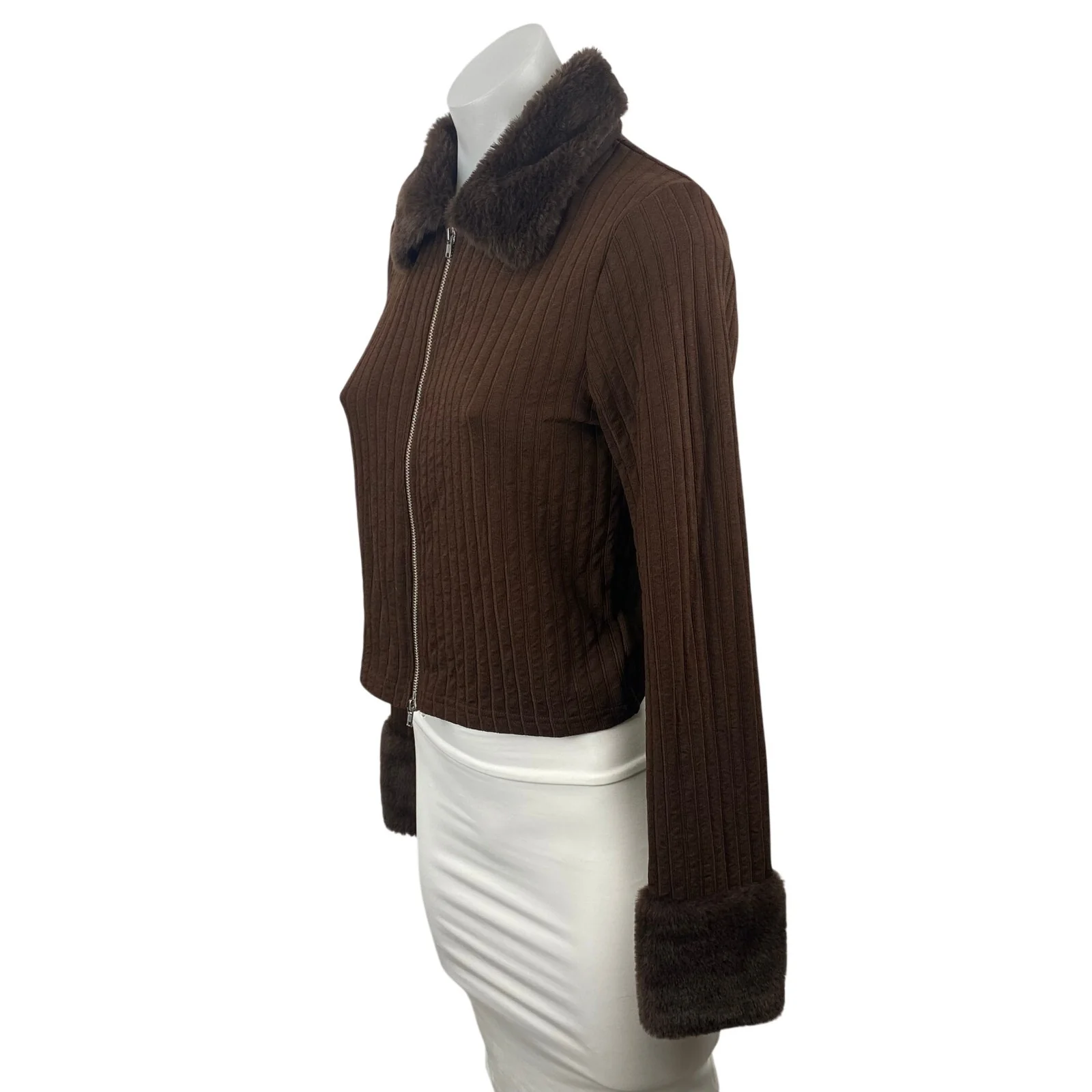 H&M Women's Brown Ribbed Knit Faux Fur Full Zip Cardigan Sweater Top Size M - Image 3