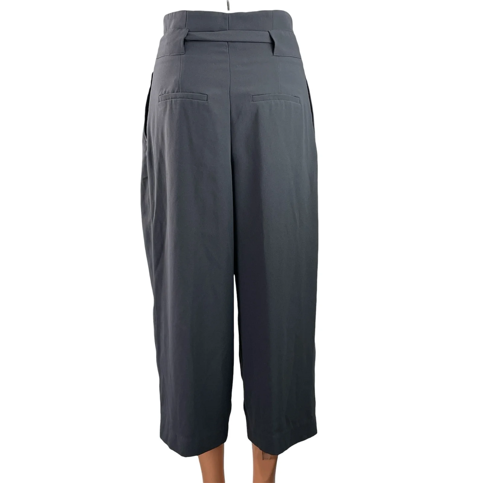 H&M Women's Gray Pleated High Waisted Tie Belt Cropped Paperbag Trouser Pants 2 - Image 3
