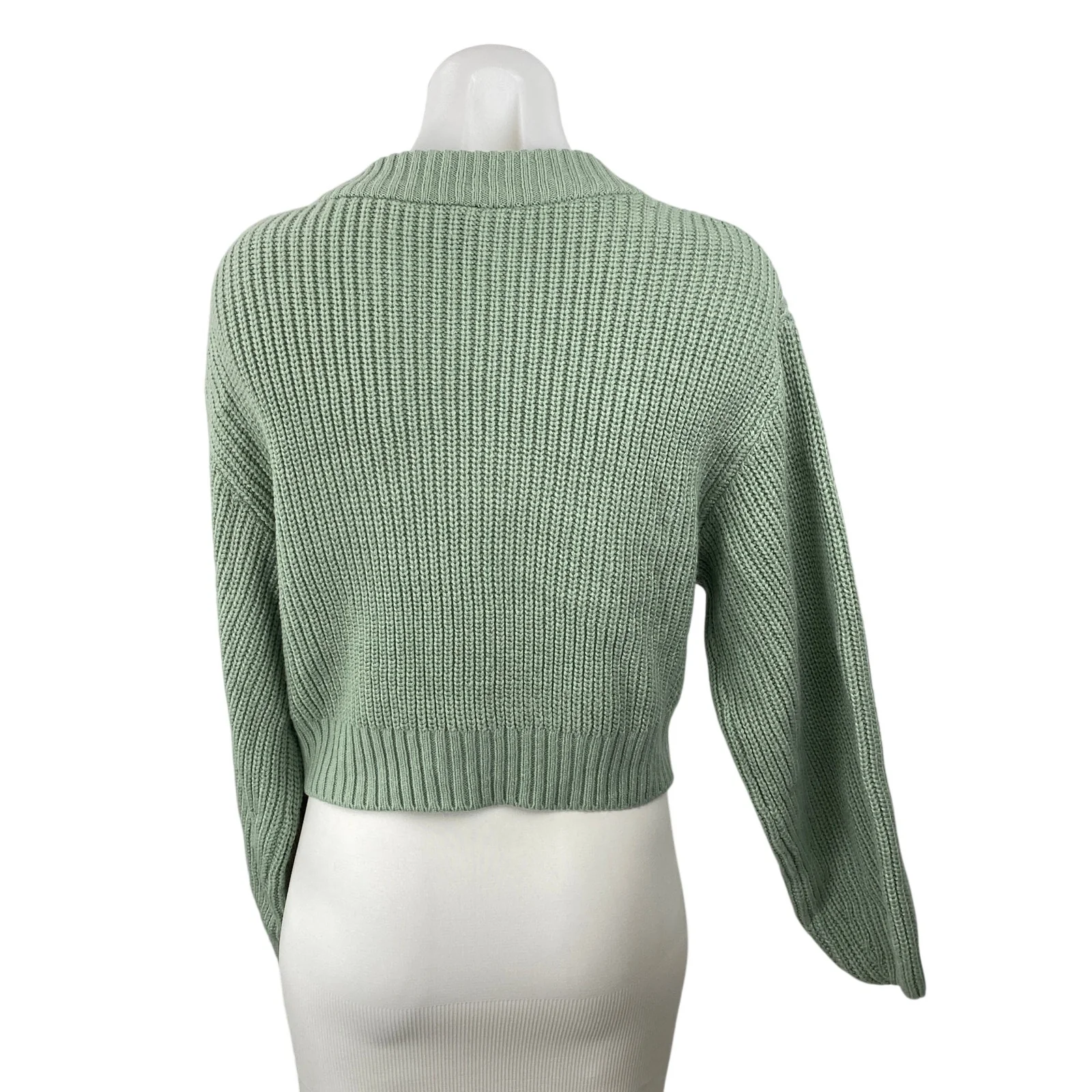 H&M Women's Green Cable Knit Ribbed V Neck Button Up Cardigan Sweater Top Size S - Image 4