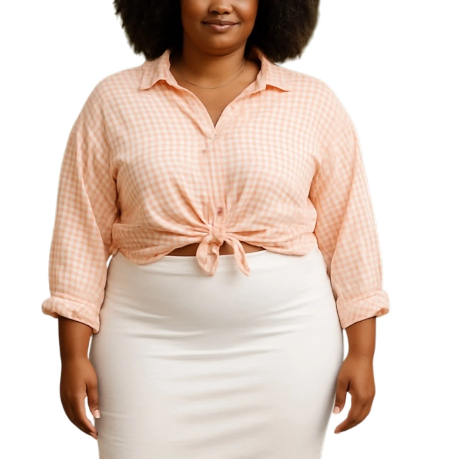 H&M Women's Orange Coral Gingham Check Long Sleeve Crop Button Down Shirt Top XL - Image 3