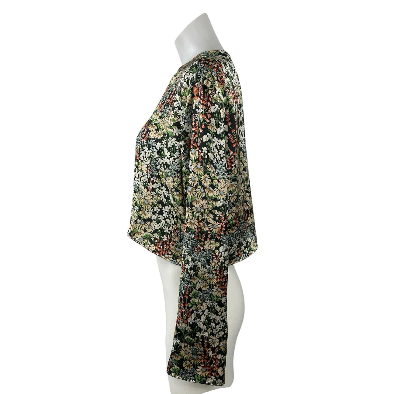 H&M Women's Satin Floral Crew Neck Keyhole Back Long Sleeve Crop Blouse Top Sz S - Image 2