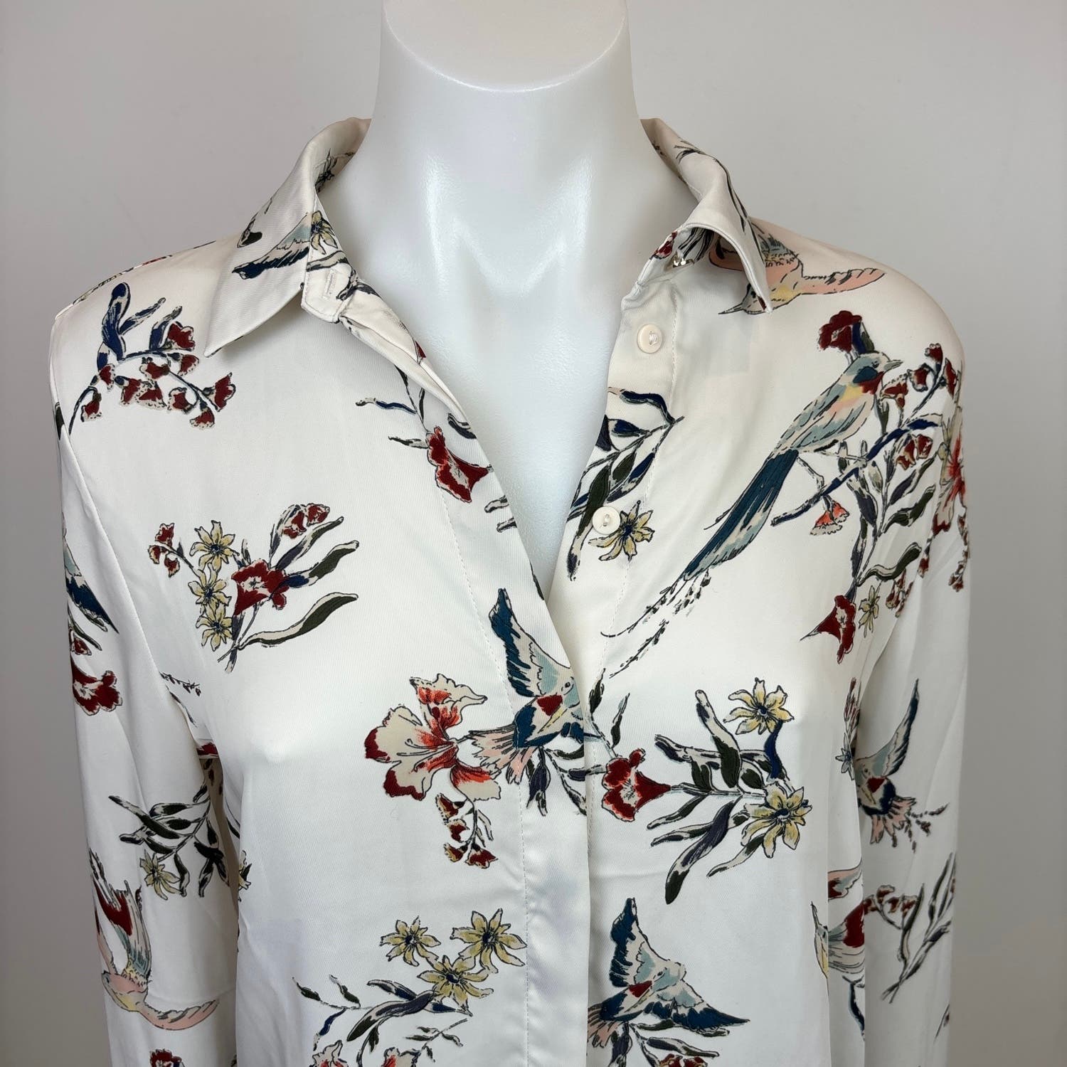 H&M Womens White Floral Birds Button Up Collared Long Sleeve Blouse Top 2 - Image 4