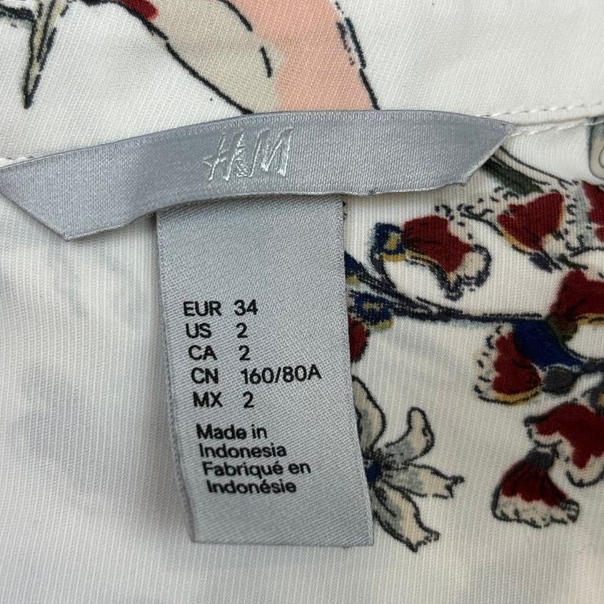 H&M Womens White Floral Birds Button Up Collared Long Sleeve Blouse Top 2 - Image 6