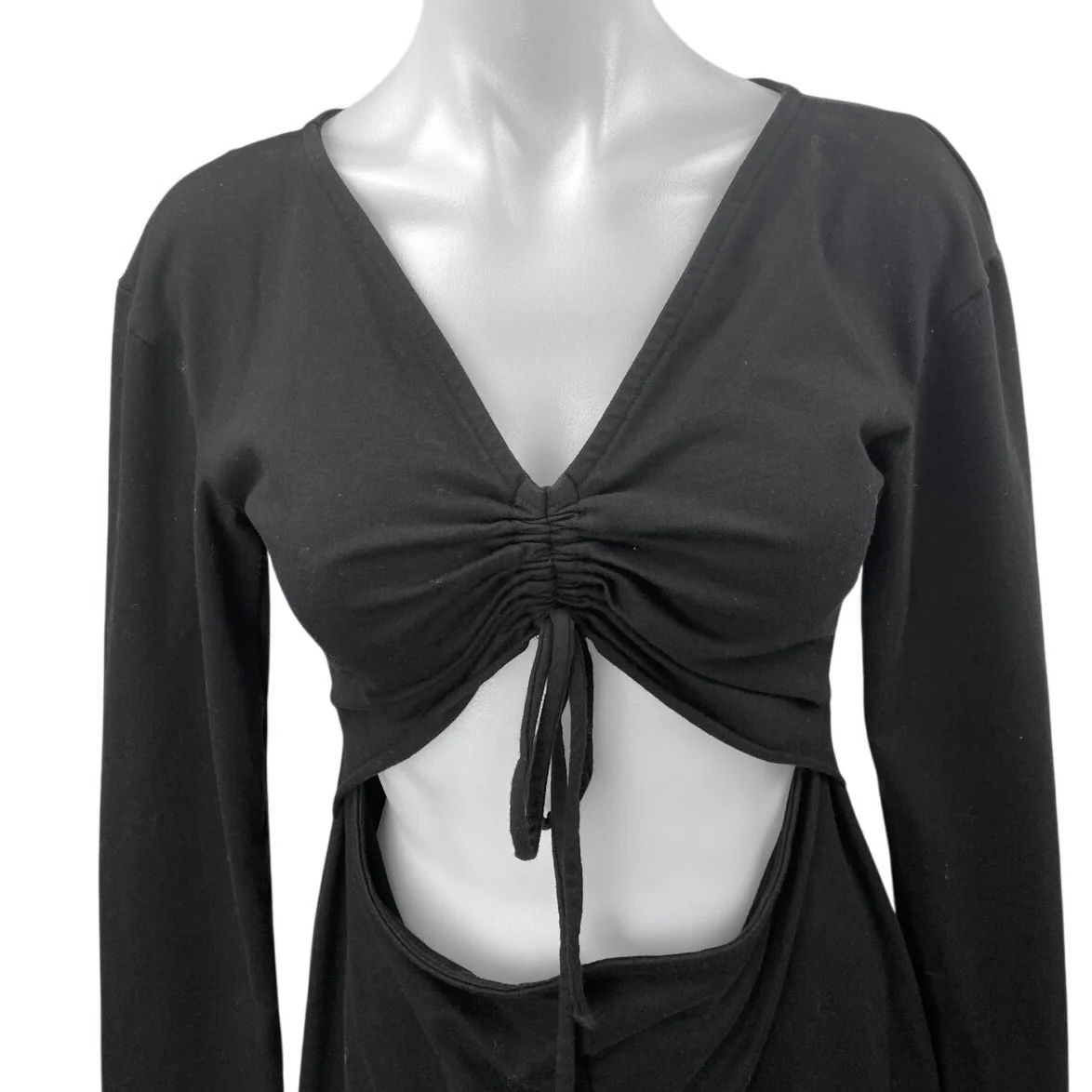 H:ours Black Long Sleeve Tie V Neck Ruched Cutout Waist Mini Bodycon Dress Sz M - Image 3