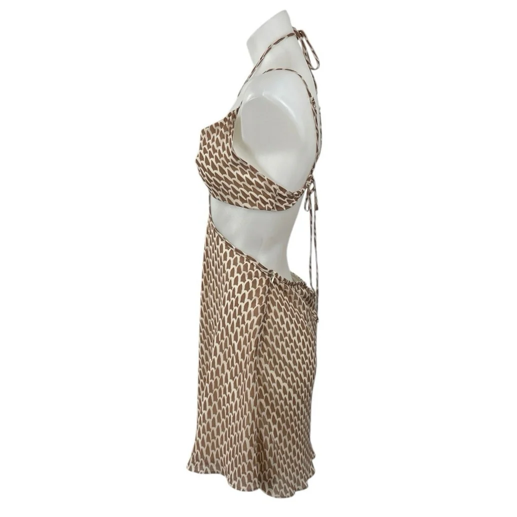 Hallelu Brown Geometric Halter Sleeveless Cutout Tie A Line Mini Dress Size M - Image 2