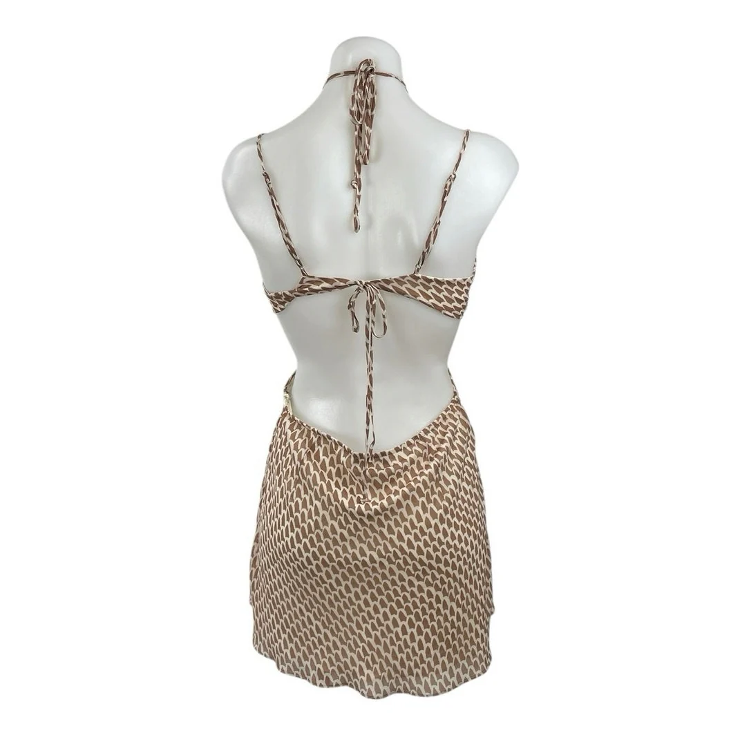 Hallelu Brown Geometric Halter Sleeveless Cutout Tie A Line Mini Dress Size M - Image 3