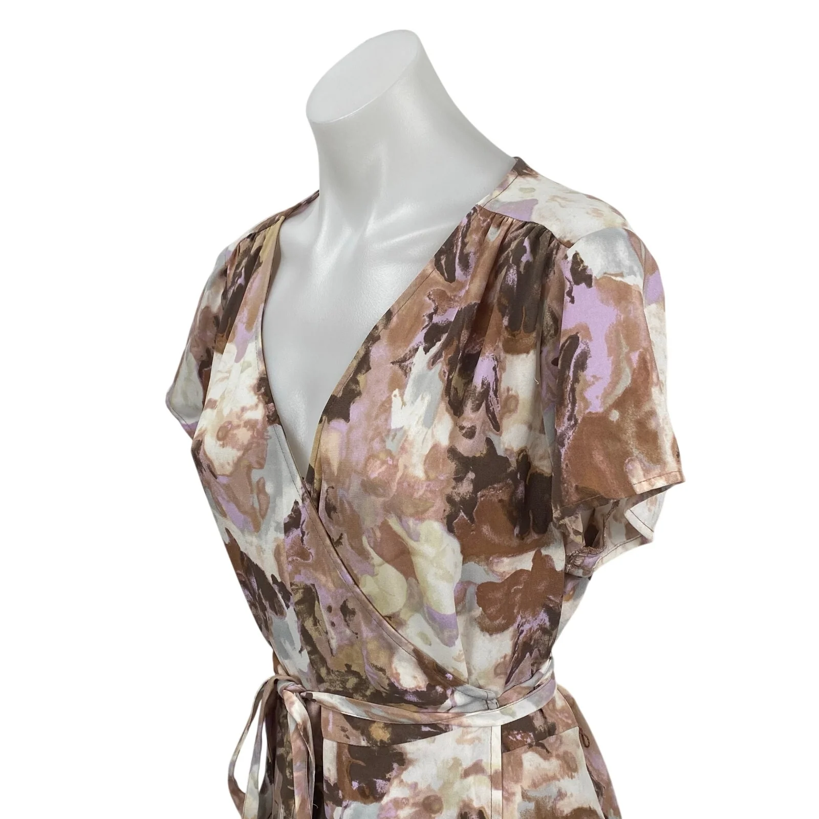 Halogen Beige Multicolor Floral Short Flutter Sleeve V Neck Wrap Maxi Dress Sz 1 - Image 2