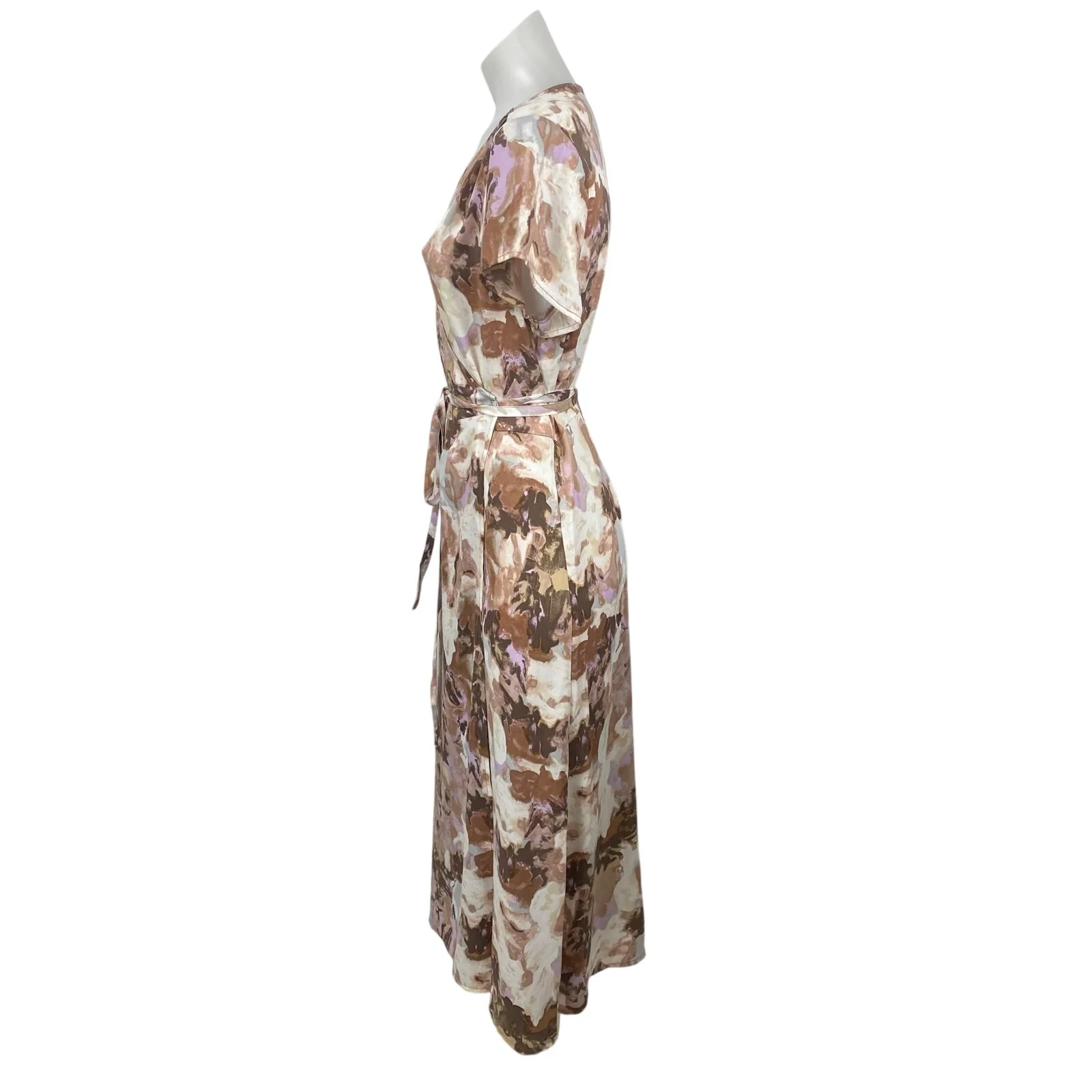 Halogen Beige Multicolor Floral Short Flutter Sleeve V Neck Wrap Maxi Dress Sz 1 - Image 3