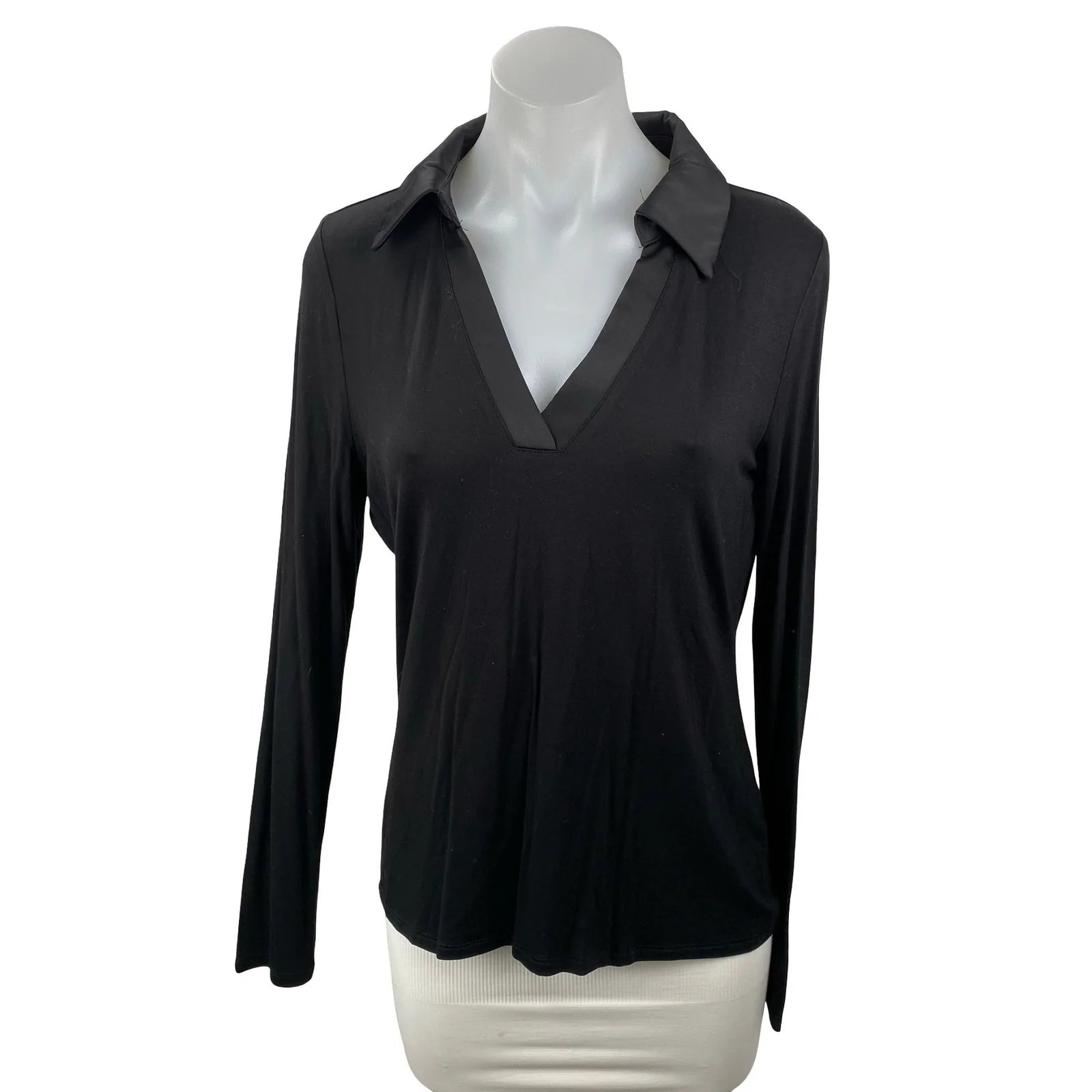 Halogen Women's Black Collared V Neck Long Sleeve Slim Fit Shirt Blouse Top Sz M