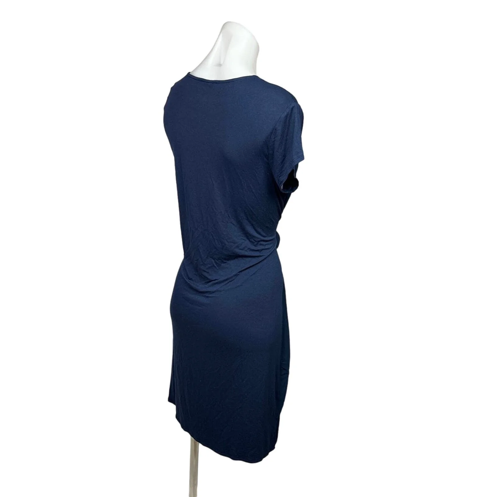 Halston Navy Blue Belted Tie Waist Cap Sleeve Stretch Midi Sheath Dress Size M - Image 3