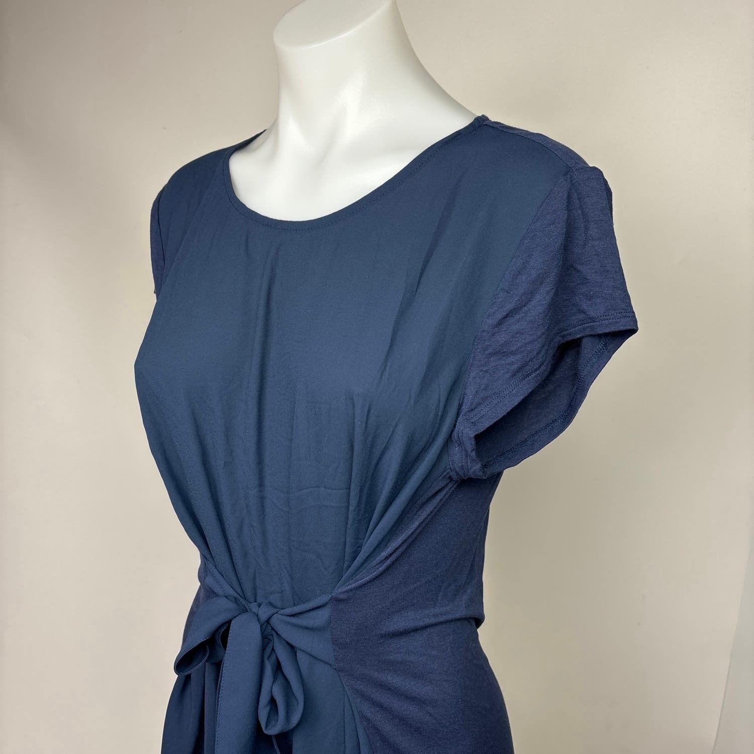 Halston Navy Blue Belted Tie Waist Cap Sleeve Stretch Midi Sheath Dress Size M - Image 4