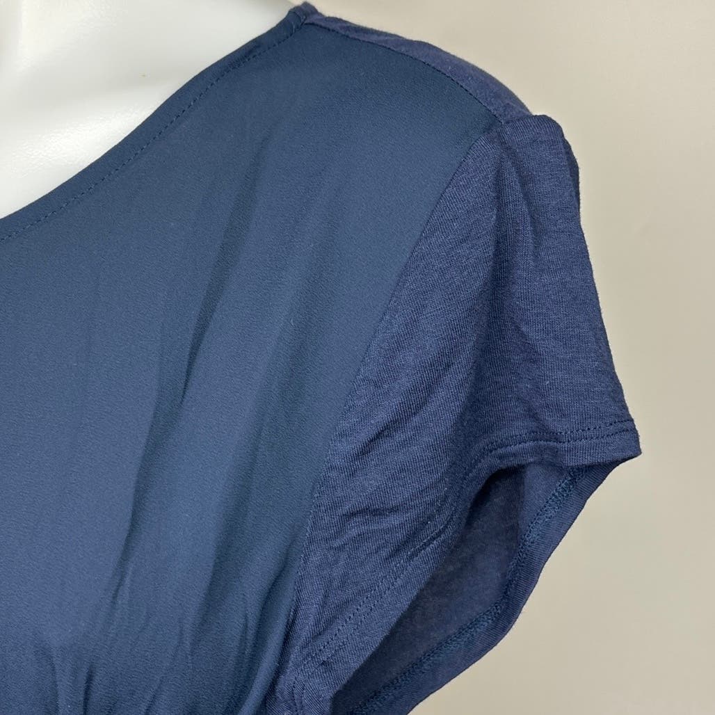 Halston Navy Blue Belted Tie Waist Cap Sleeve Stretch Midi Sheath Dress Size M - Image 5