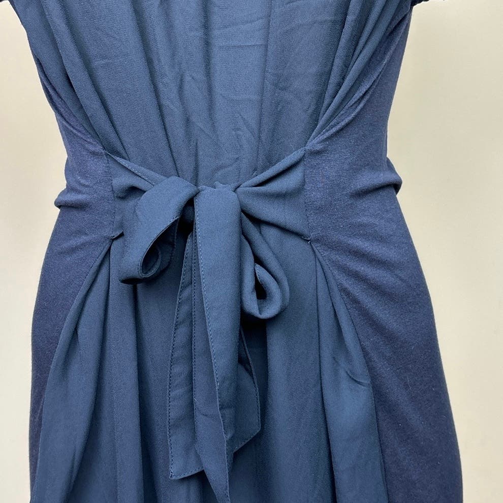 Halston Navy Blue Belted Tie Waist Cap Sleeve Stretch Midi Sheath Dress Size M - Image 6