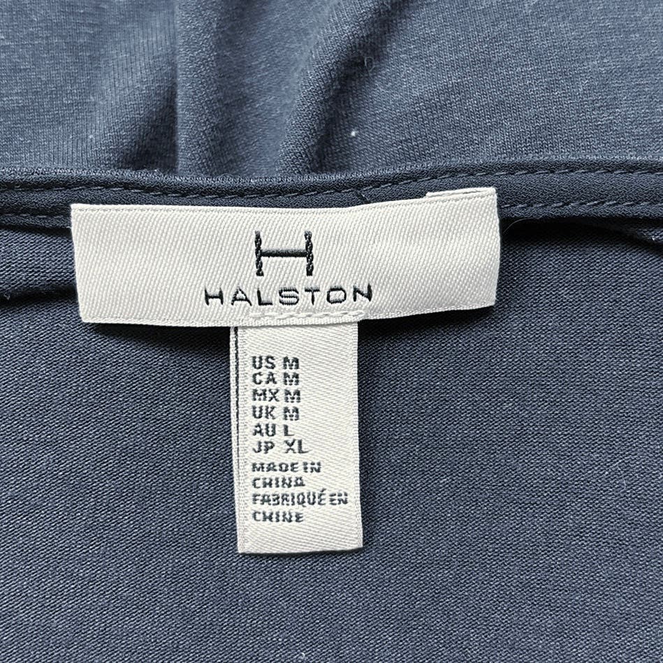 Halston Navy Blue Belted Tie Waist Cap Sleeve Stretch Midi Sheath Dress Size M - Image 7