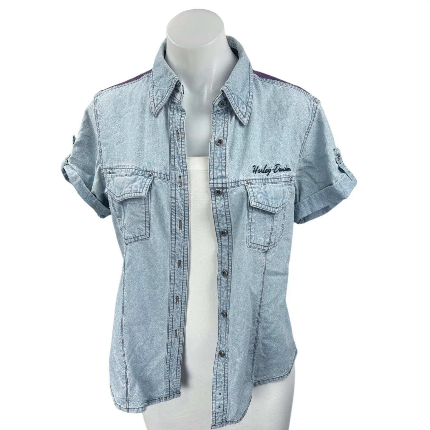 Harley Davidson Women's Upcycled Short Sleeve Graphic Print Denim Jean Shirt Top - Image 2