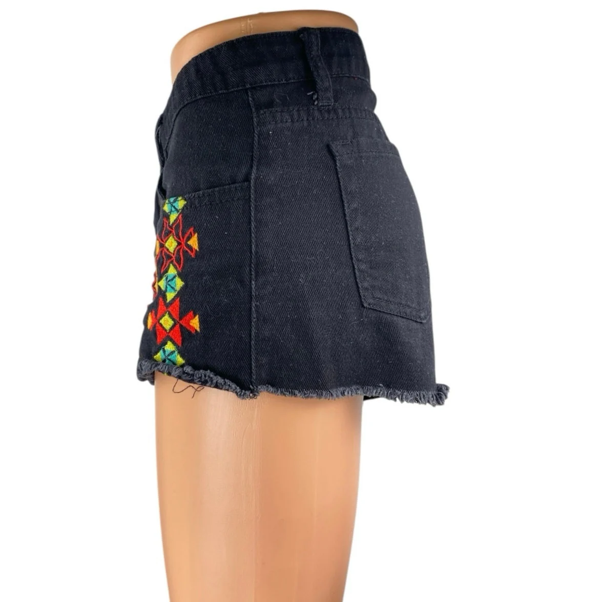 Hayden Black Aztec Embroidered Mid Rise Frayed Cut Off Denim Jean Shorts Size S - Image 2