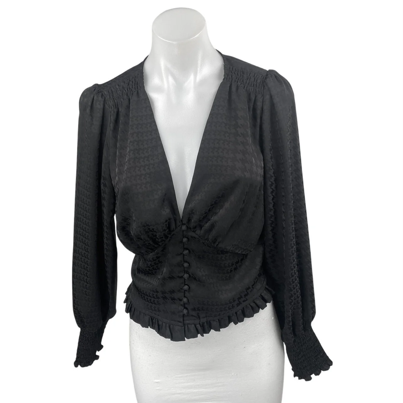 Heartloom Black Long Sleeve Deep V Neck Houndstooth Ruffle Blouse Crop Top Sz M