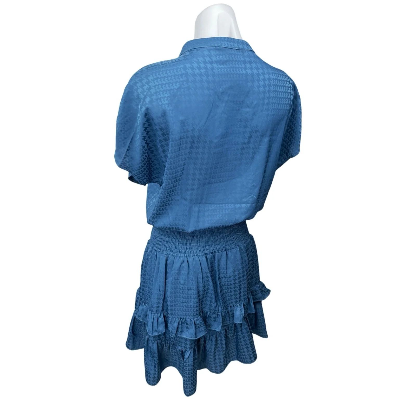 Heartloom Blue Silky Satin Jacquard Smocked Ruffle Tiered Mini A-line Dress Sz M - Image 2
