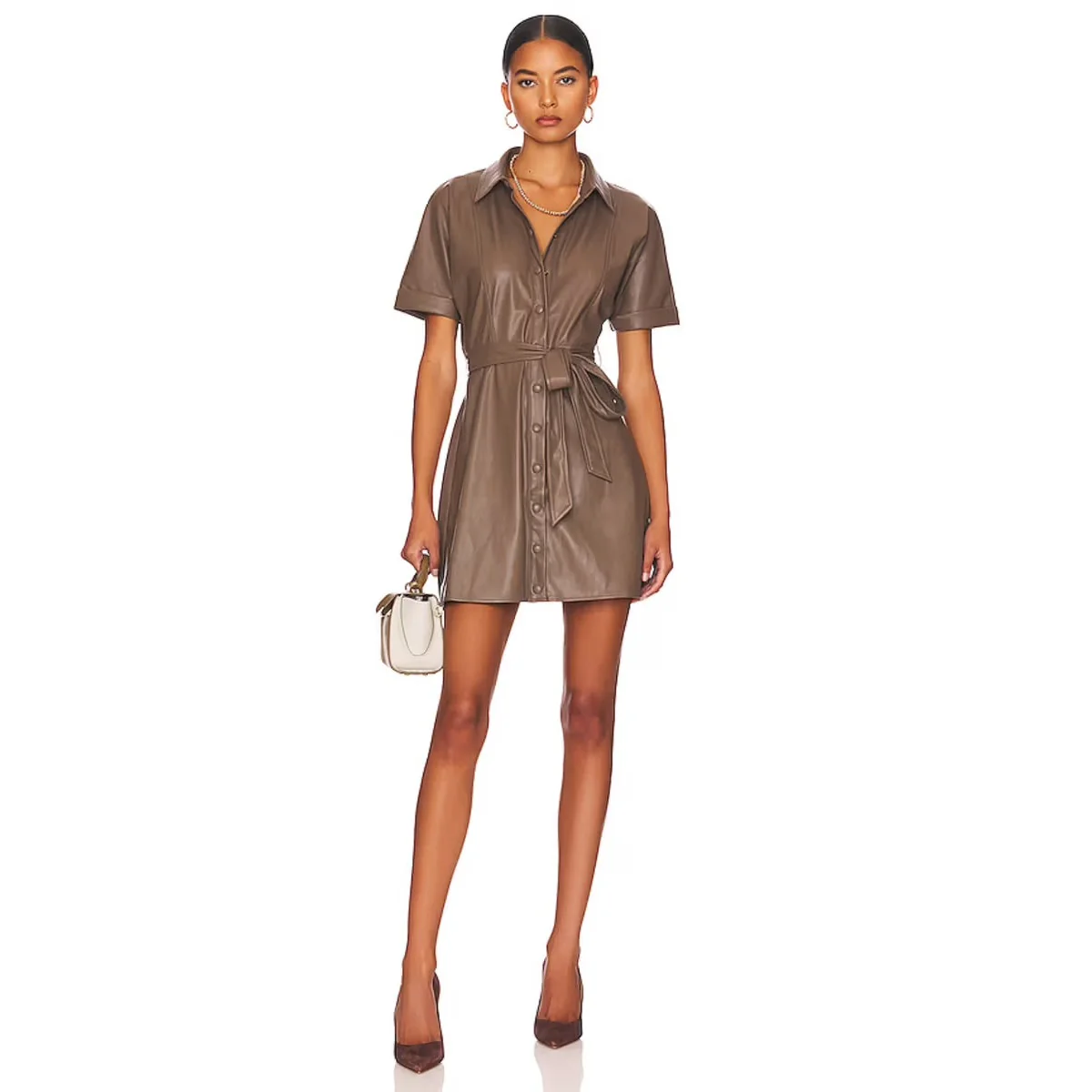 Heartloom Tan Brown Vegan Faux Leather Short Sleeve Belted Button Shirt Dress M - Image 2