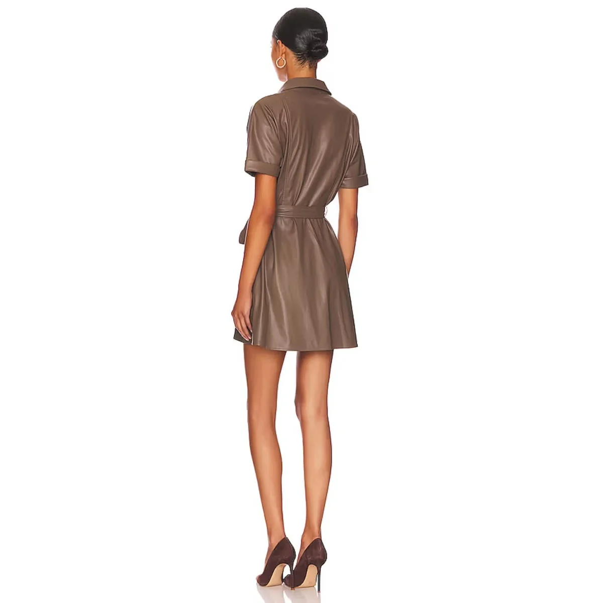 Heartloom Tan Brown Vegan Faux Leather Short Sleeve Belted Button Shirt Dress M - Image 4