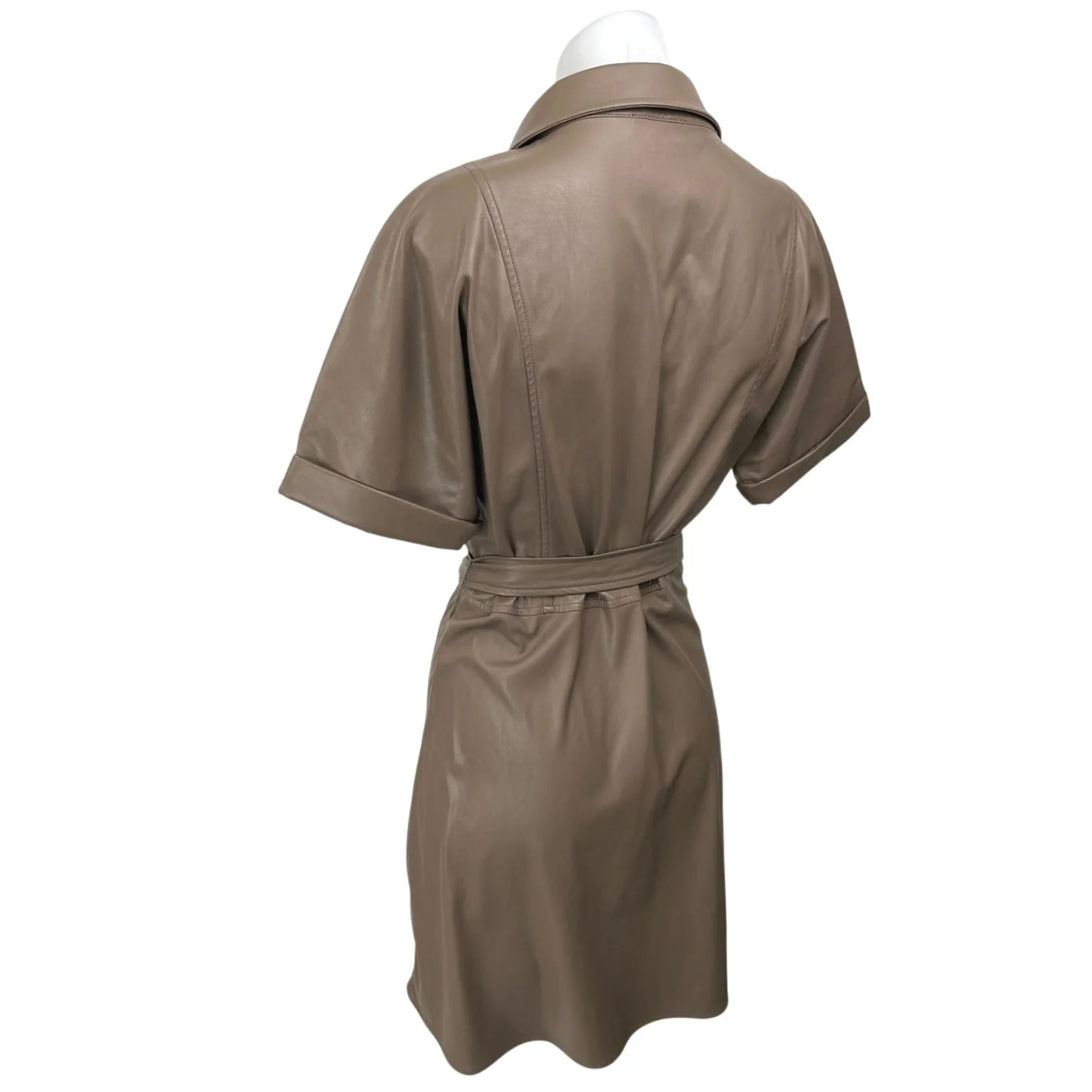 Heartloom Tan Brown Vegan Faux Leather Short Sleeve Belted Button Shirt Dress M - Image 5