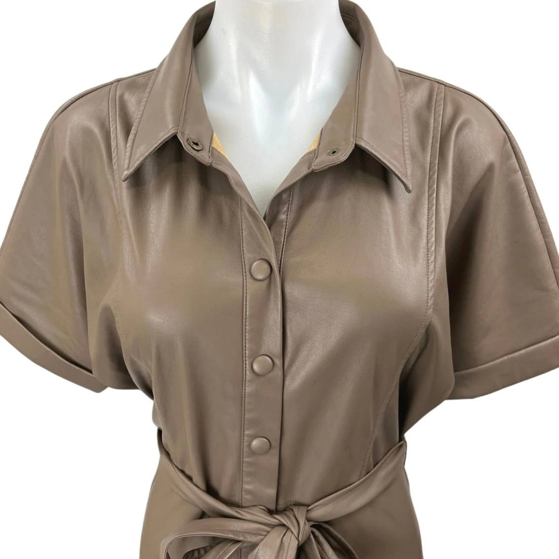 Heartloom Tan Brown Vegan Faux Leather Short Sleeve Belted Button Shirt Dress M - Image 6
