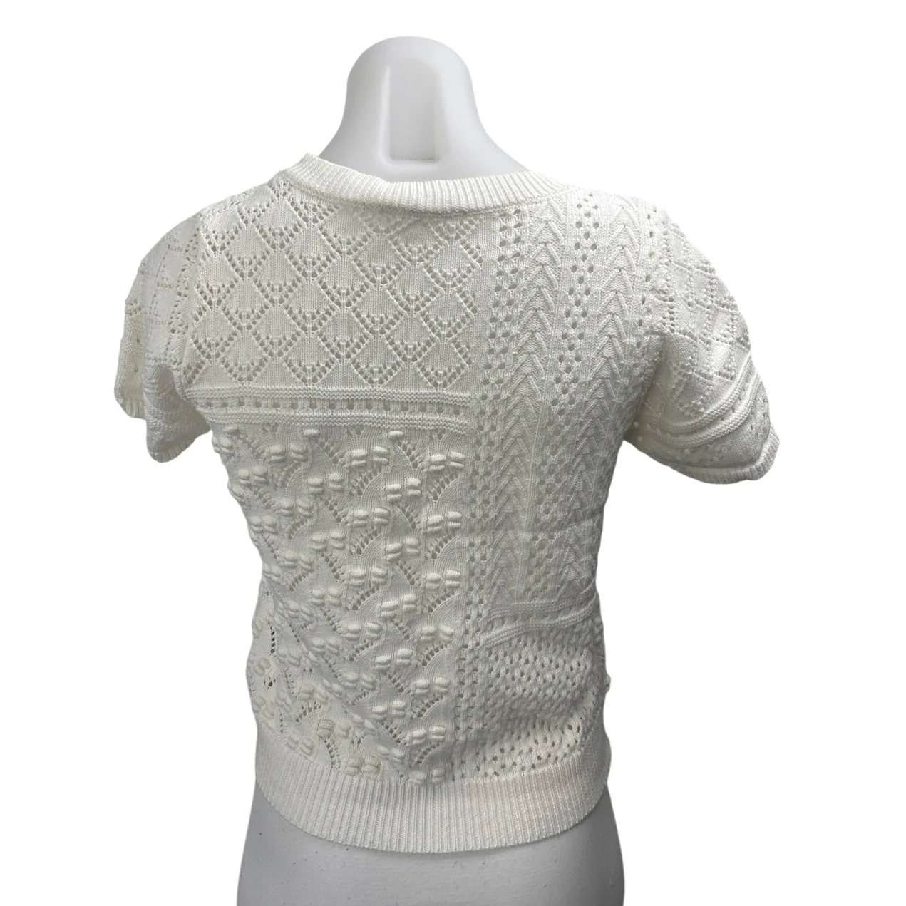 Heartloom Women's White Eyelet Crochet Knit Crewneck Short Sleeve Sweater Top M - Image 2