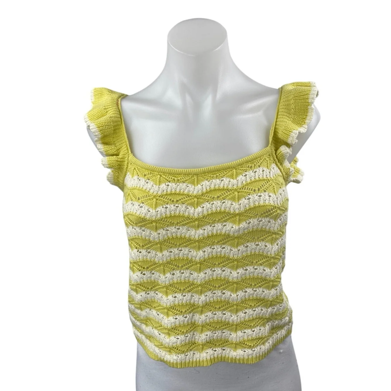 Heartloom Women's Yellow Striped Crochet Knit Flutter Sleeve Sweater Tank Top M