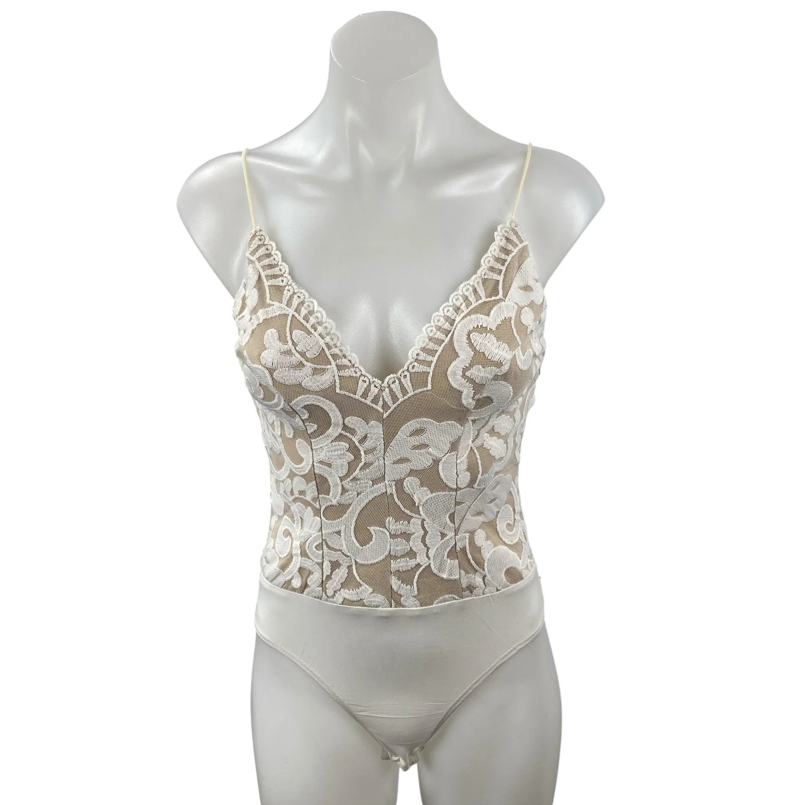 Hello Molly White Beige Floral Lace Sleeveless V Neck Cami Tank Bodysuit Top XS