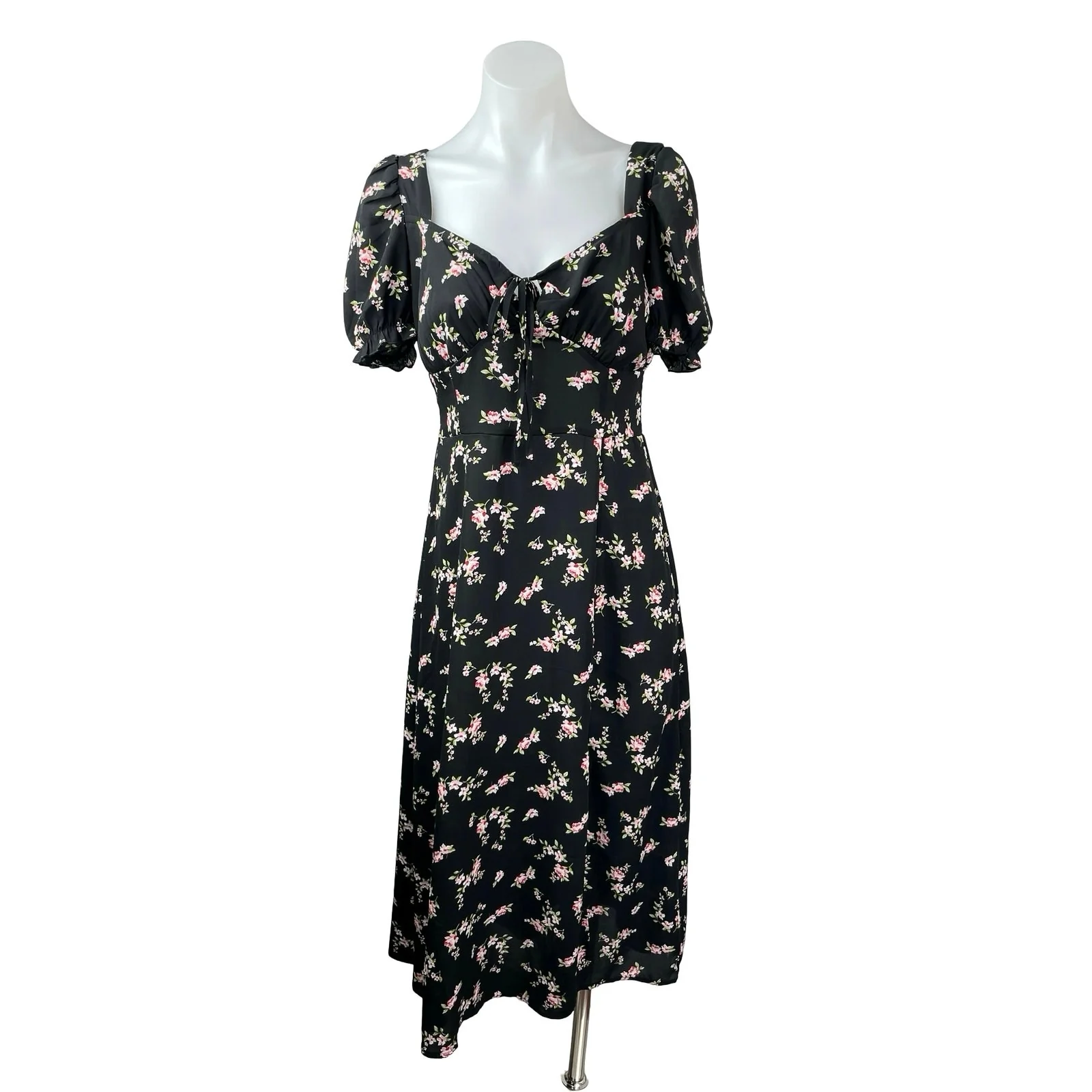 Hesperus Black Floral Ditsy Short Puff Sleeve Tie Smocked A Line Midi Dress Sz M