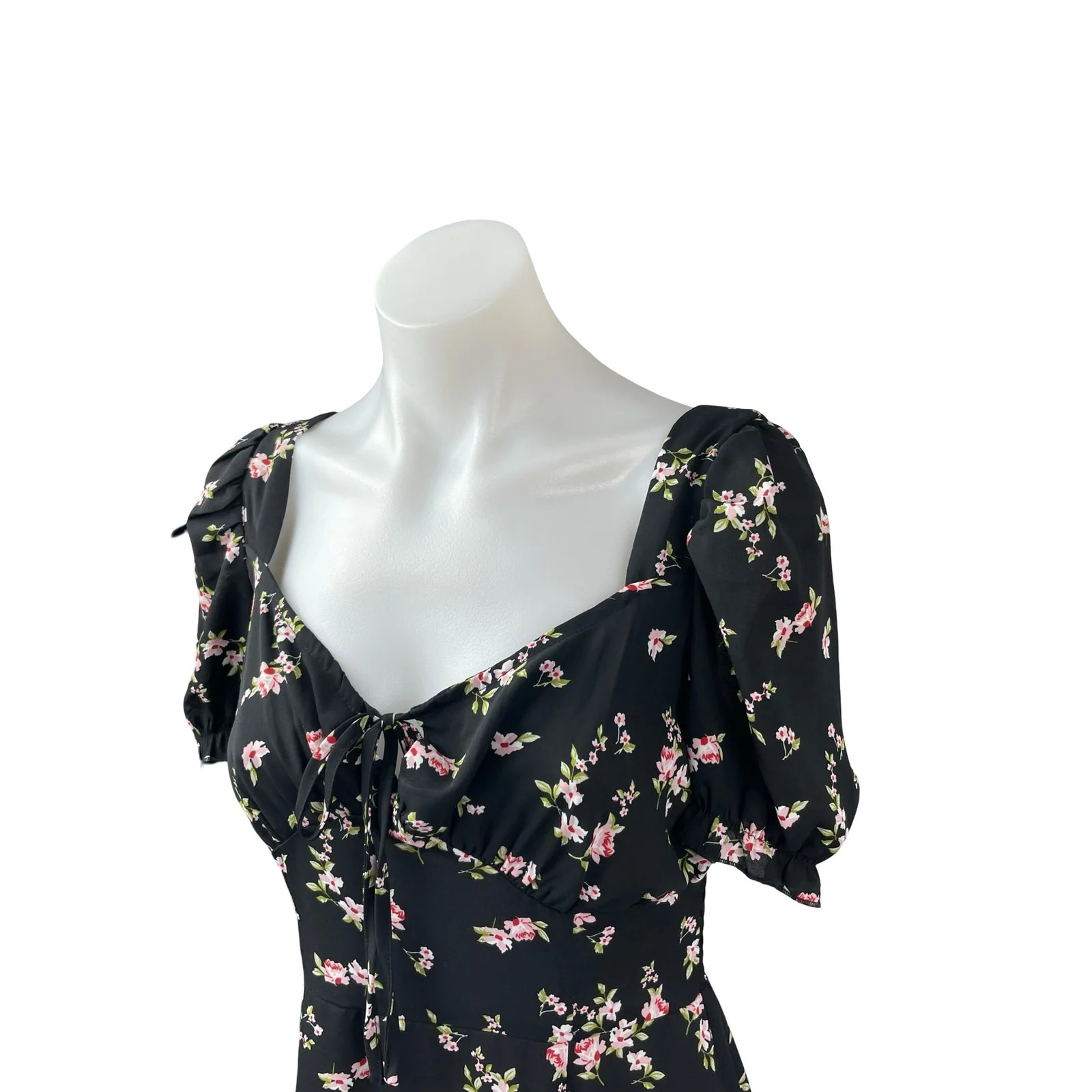 Hesperus Black Floral Ditsy Short Puff Sleeve Tie Smocked A Line Midi Dress Sz M - Image 3
