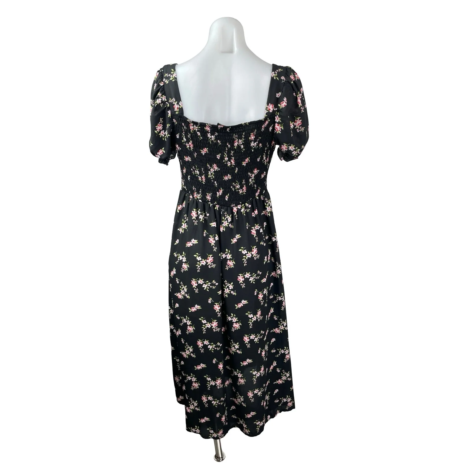 Hesperus Black Floral Ditsy Short Puff Sleeve Tie Smocked A Line Midi Dress Sz M - Image 4