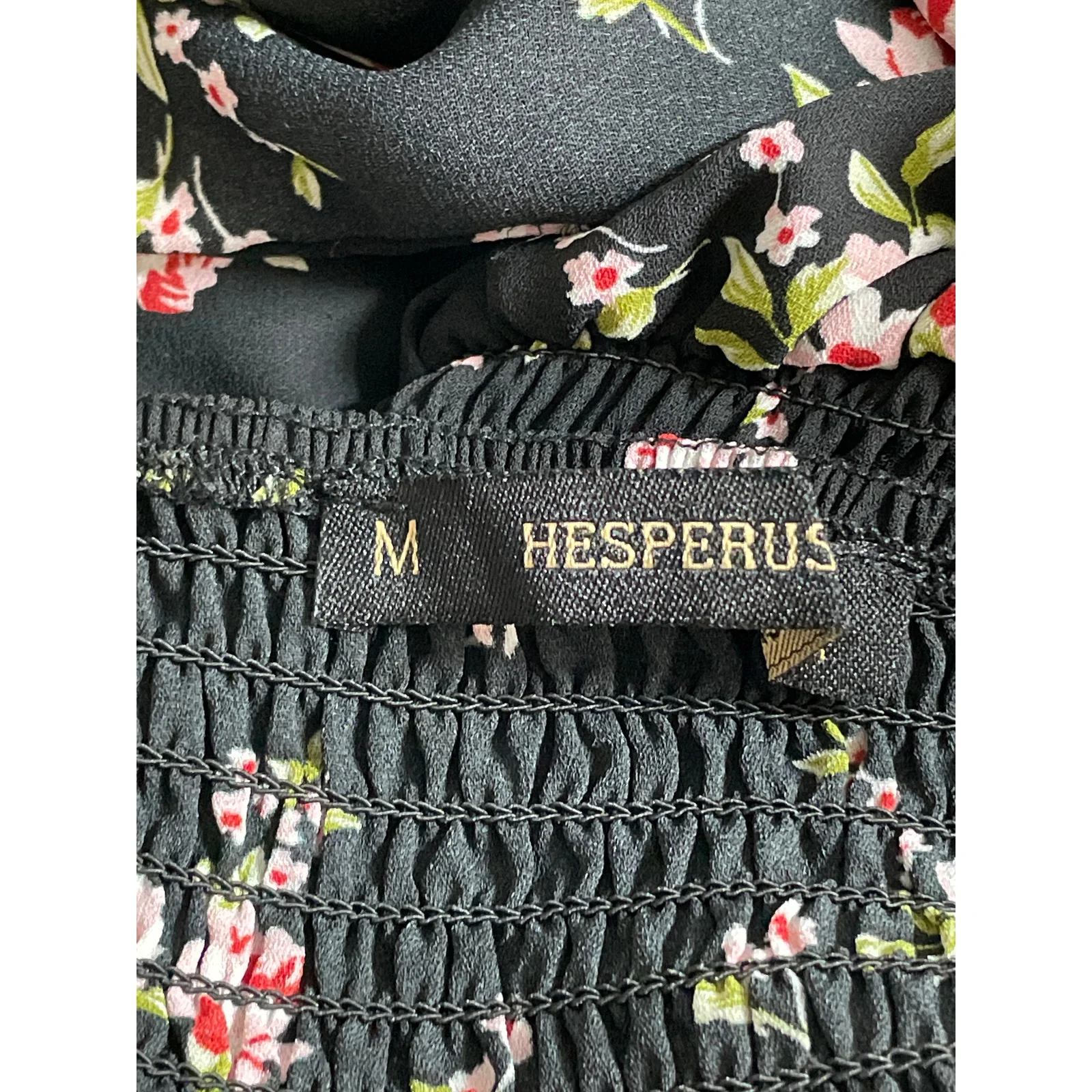 Hesperus Black Floral Ditsy Short Puff Sleeve Tie Smocked A Line Midi Dress Sz M - Image 5