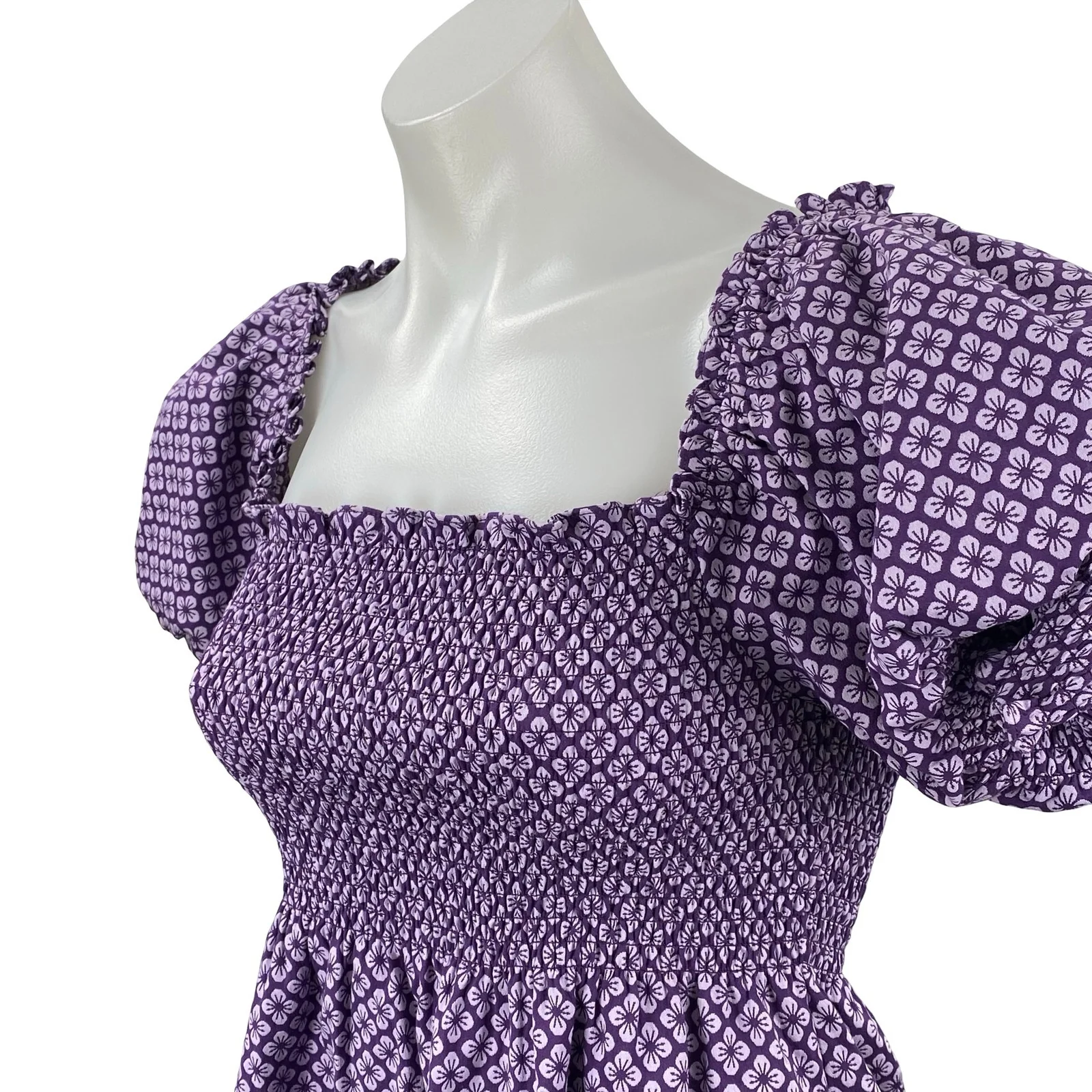 Hill House Athena Nap Purple Floral Smocked Puff Sleeve Mini A-Line Dress Sz XXS - Image 3